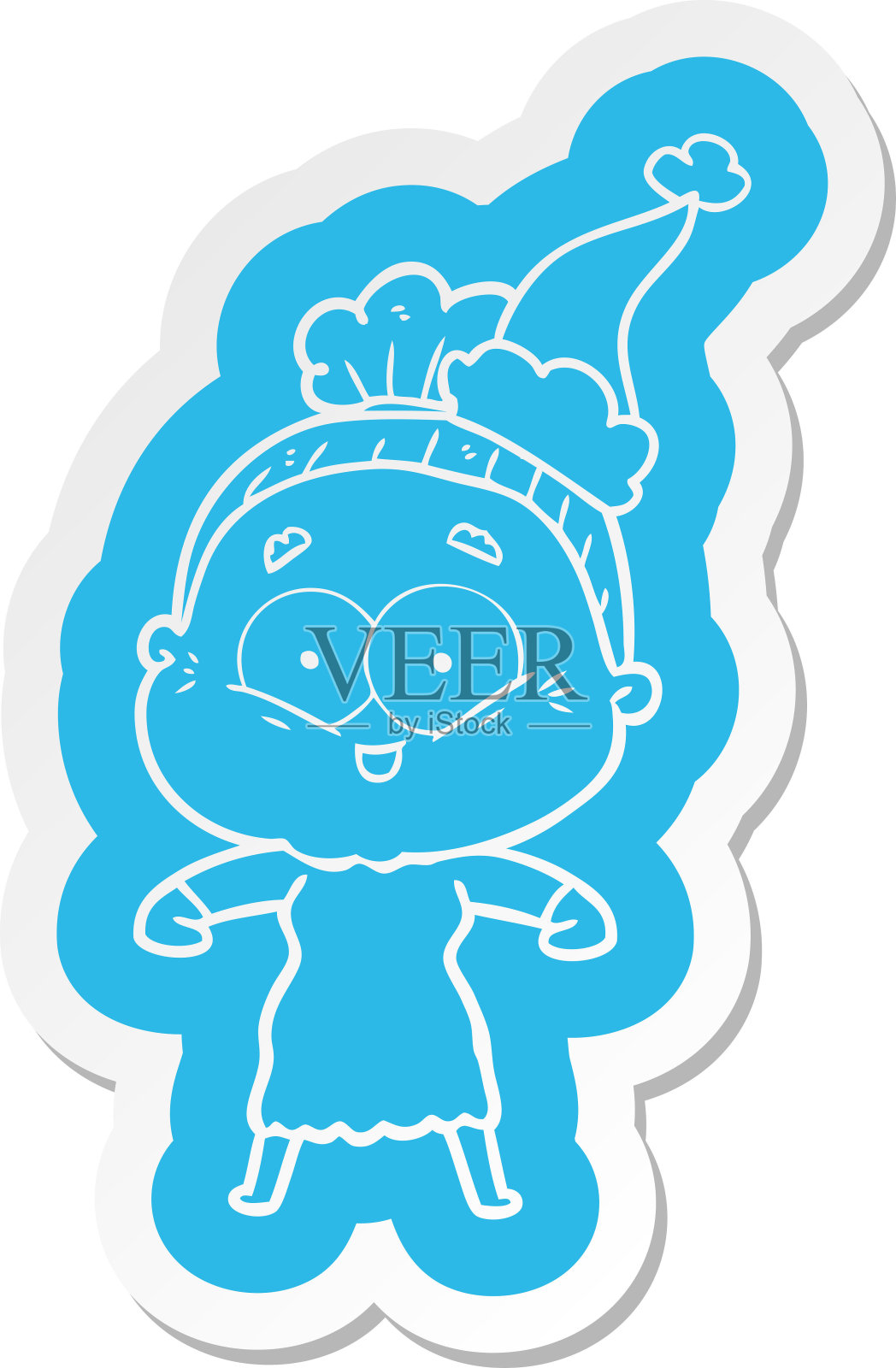 古怪的卡通贴纸，一个快乐的老妇人戴着圣诞老人的帽子插画图片素材