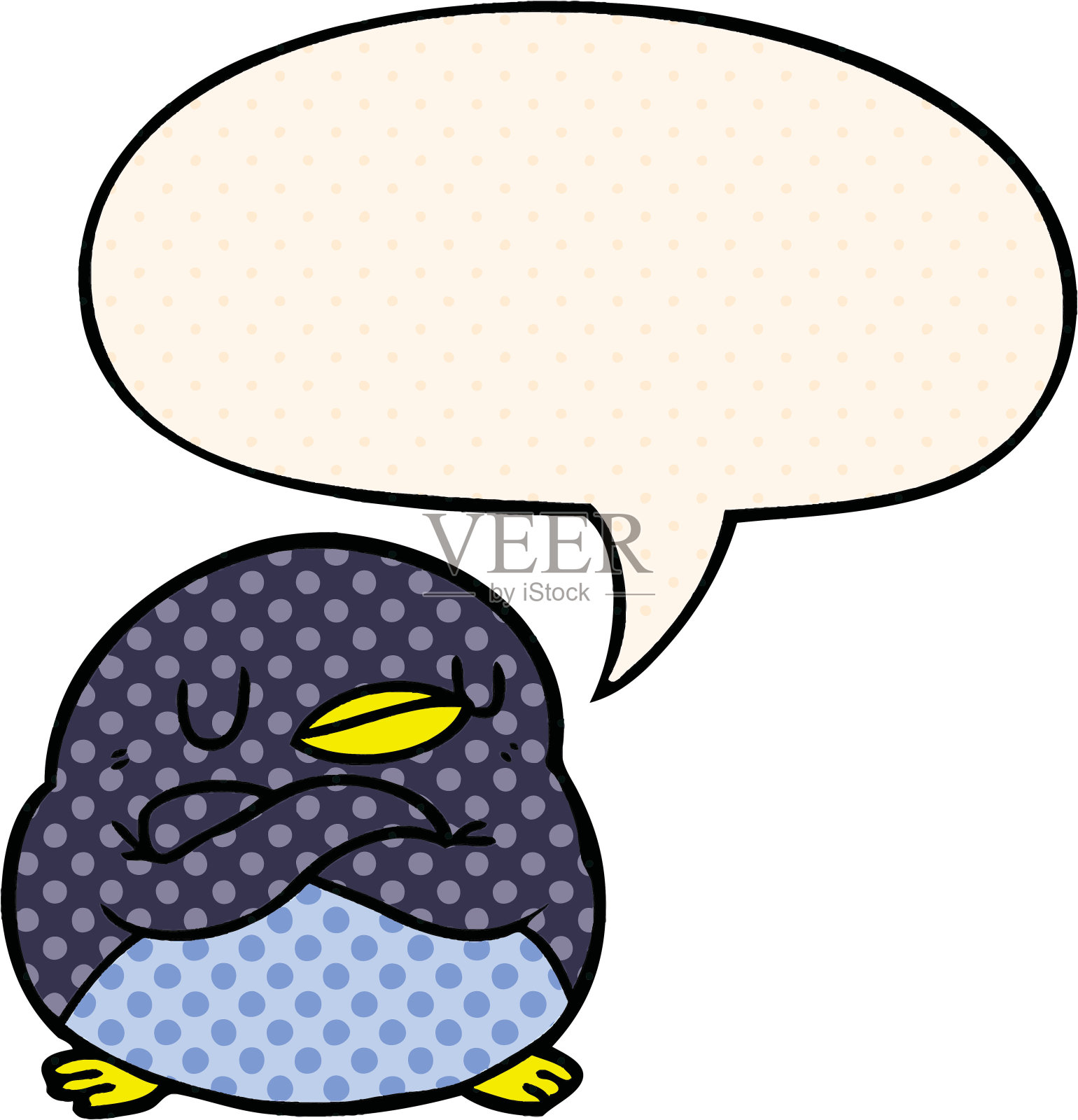 卡通企鹅与交叉的双臂和讲话泡泡在漫画风格插画图片素材