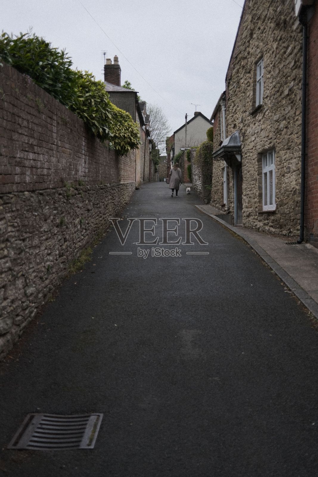 垂直拍摄的柏油路之间的石头旧墙和悬挂的树木对着明亮的天空照片摄影图片