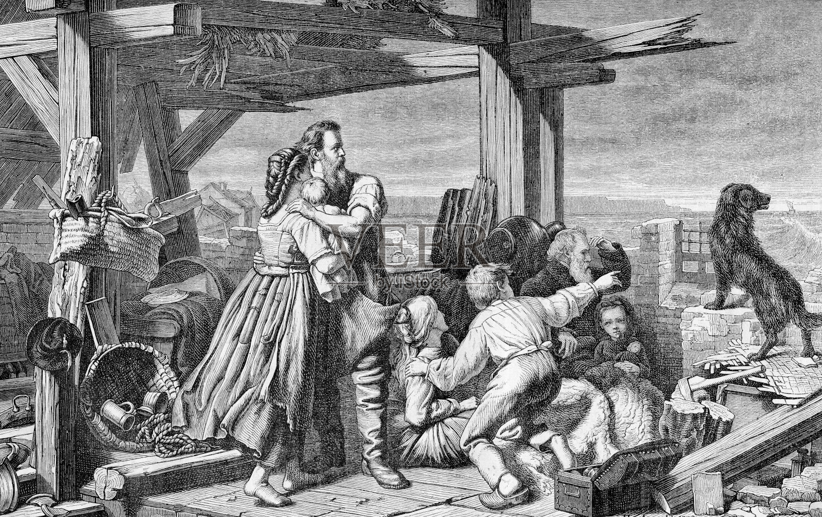 赫尔曼·阿诺德(Hermann Arnold)画作中的复古雕刻，北海泛滥(1882年)插画图片素材