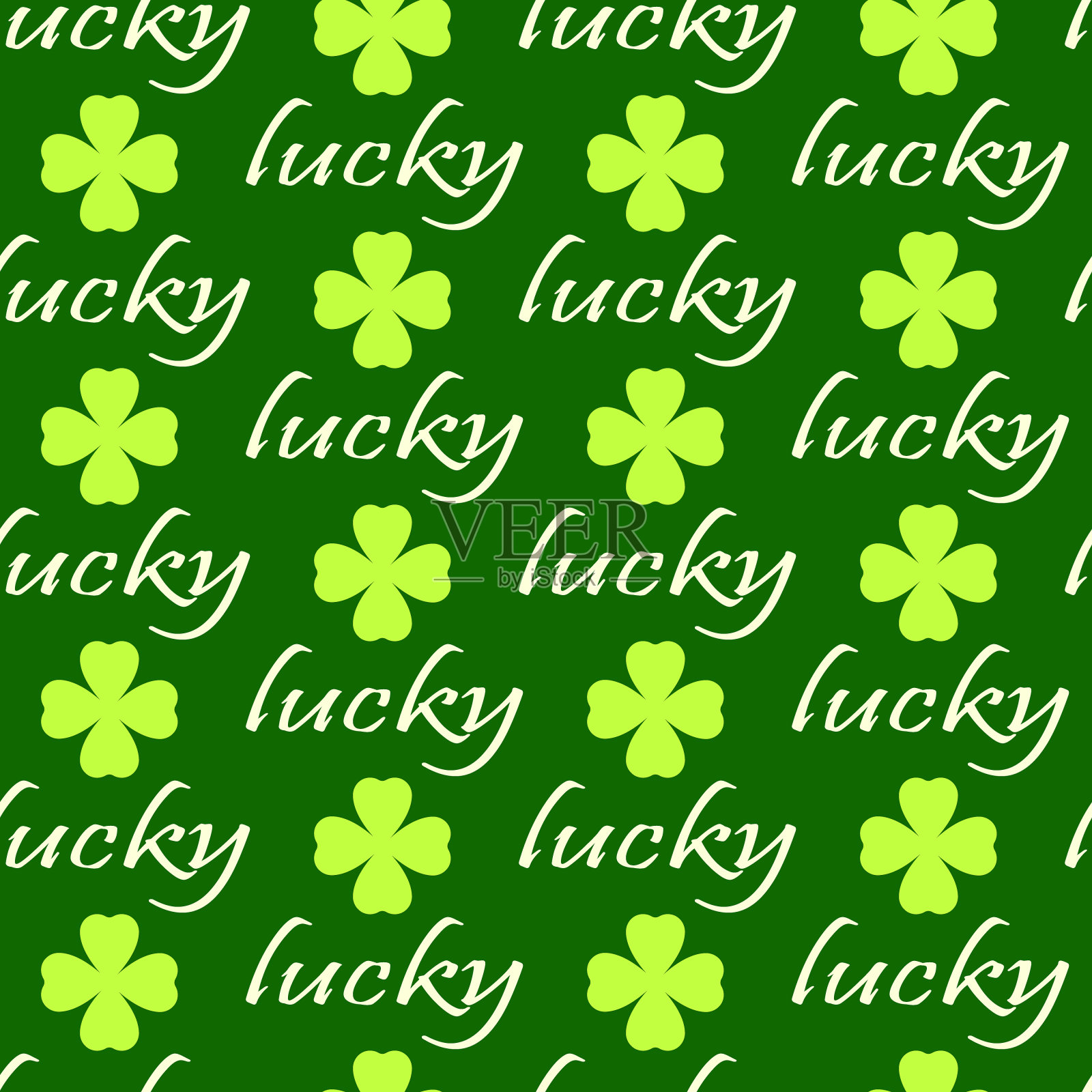 幸运字和三叶草叶子在孤立的绿色背景无缝模式插画图片素材