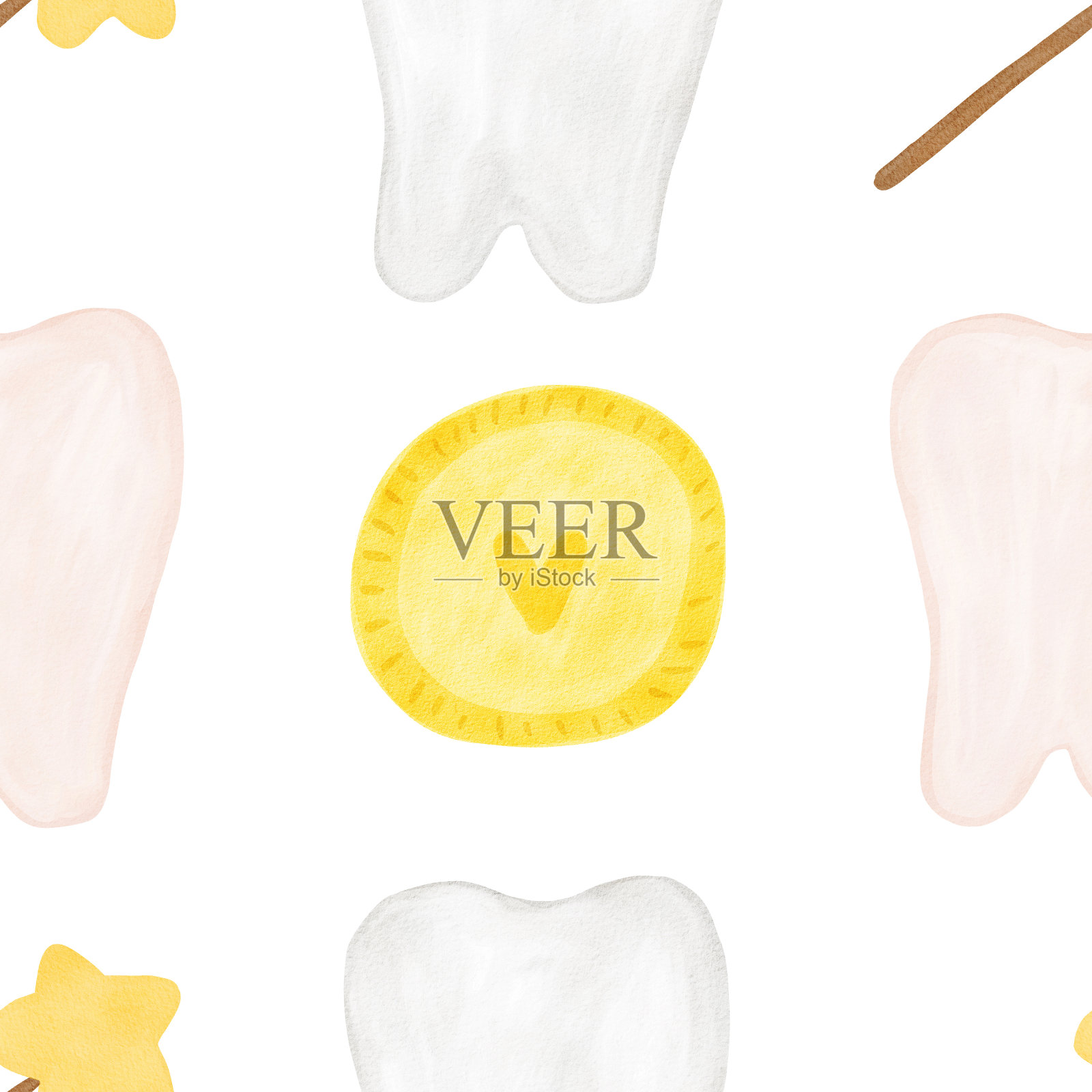 小牙齿水彩图案。可爱的卡通小牙齿。牙仙的第一个牙齿图案。手绘水彩背景数码纸插画图片素材