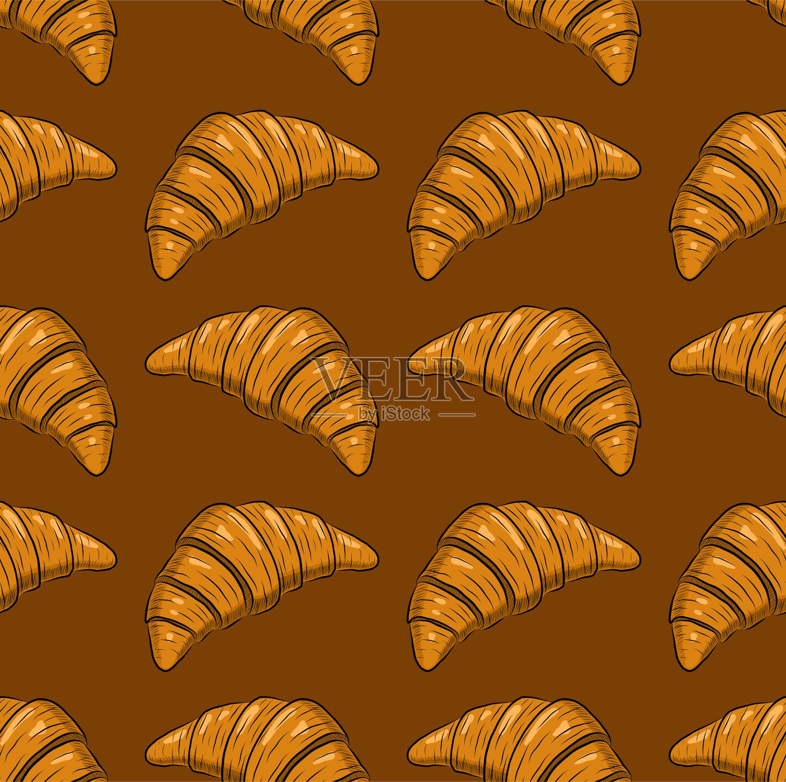 棕色无缝矢量背景与新鲜美味的牛角面包插画图片素材