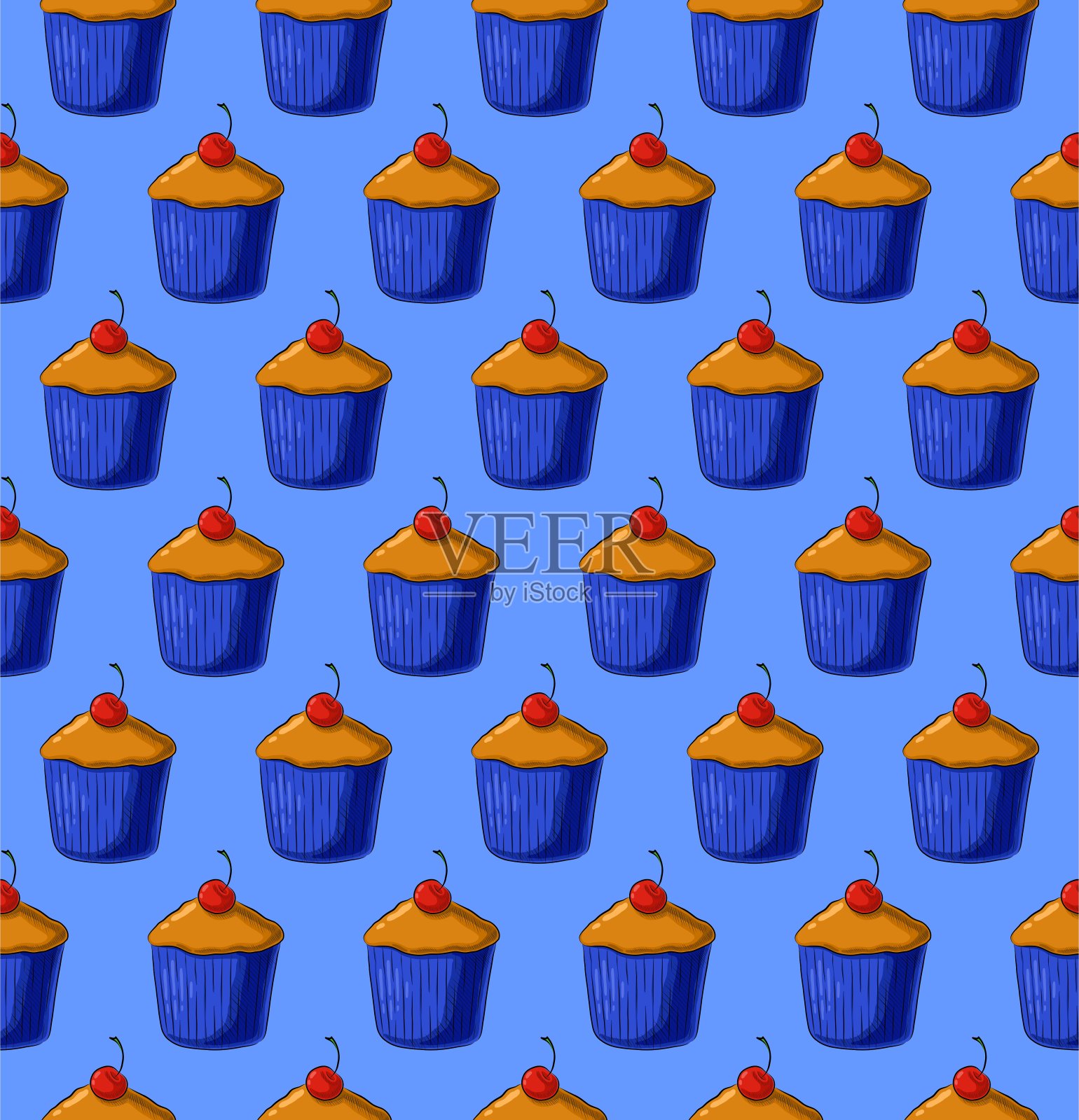 浅蓝色无缝矢量背景新鲜美味的纸杯蛋糕插画图片素材