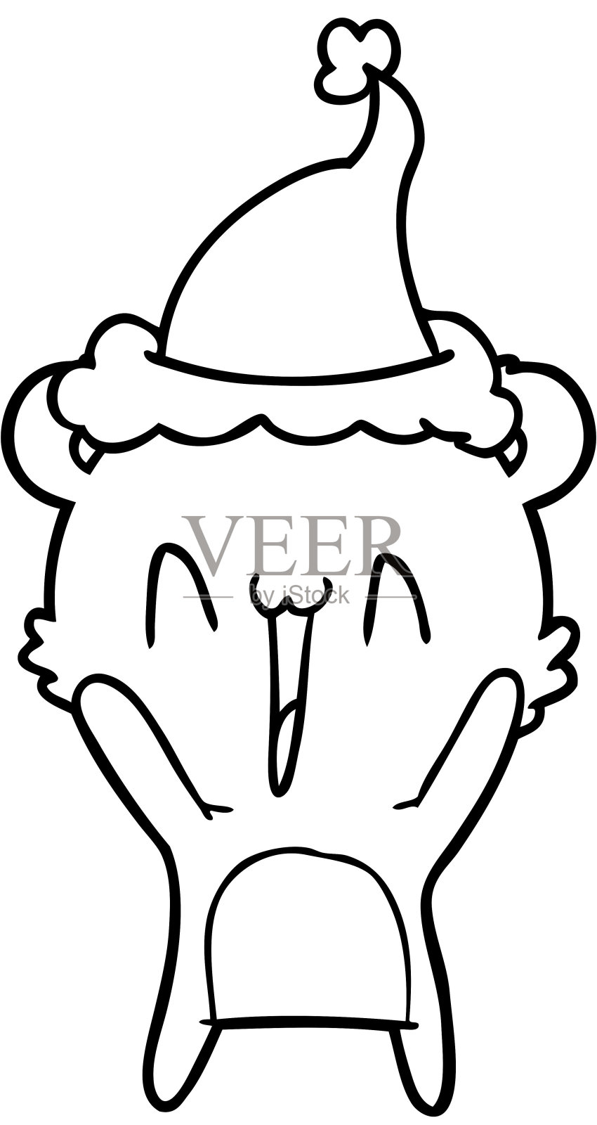 快乐小熊手绘了一顶戴着圣诞老人帽子的线条画插画图片素材