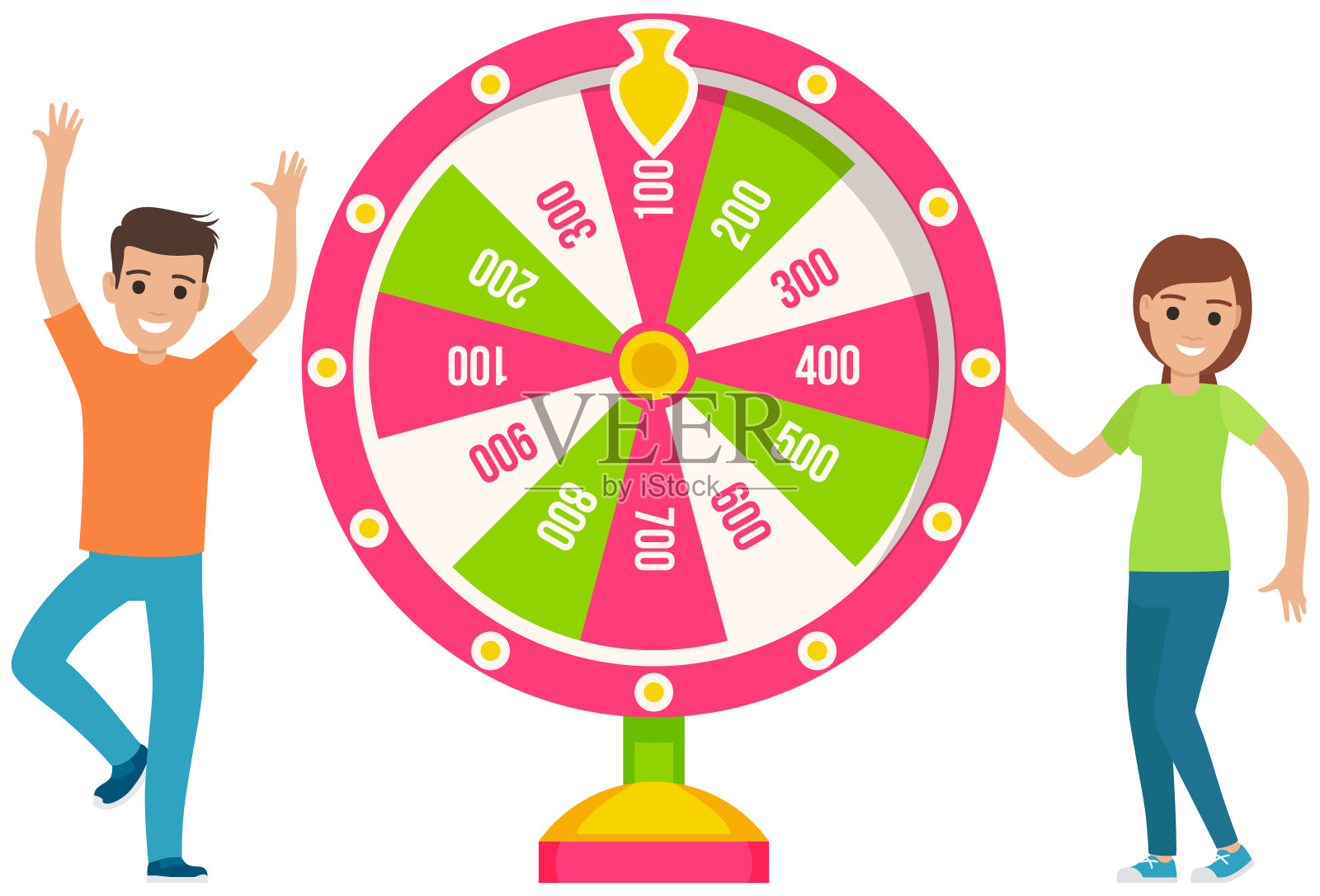 有个家伙摇着幸运轮赢了大奖。年轻人跳舞庆祝胜利，头奖插画图片素材