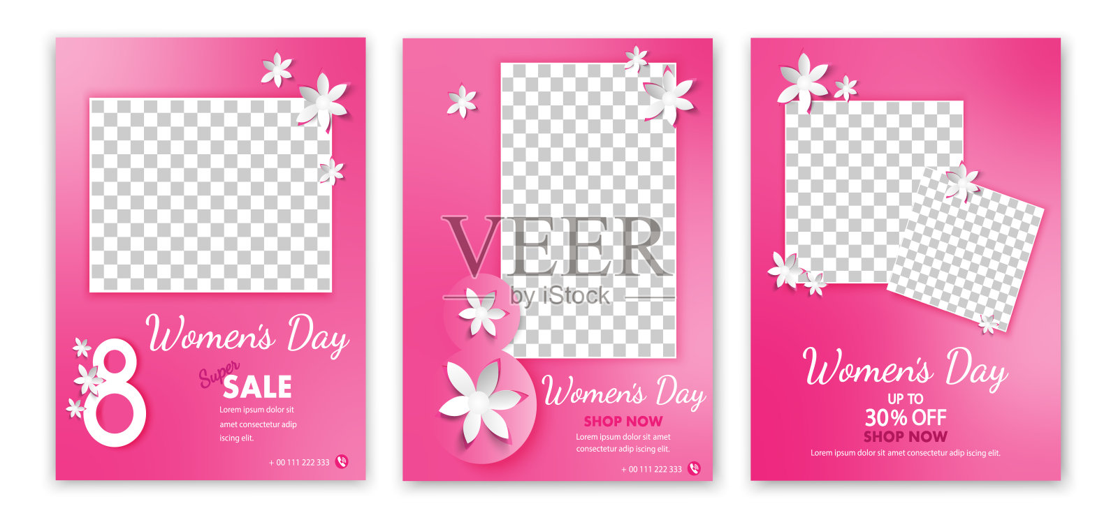 一套妇女节销售社交媒体帖子模板。网络横幅，传单或海报。社交媒体发布妇女节模板。广场社交媒体横幅帖子模板。有地方放照片。插画图片素材