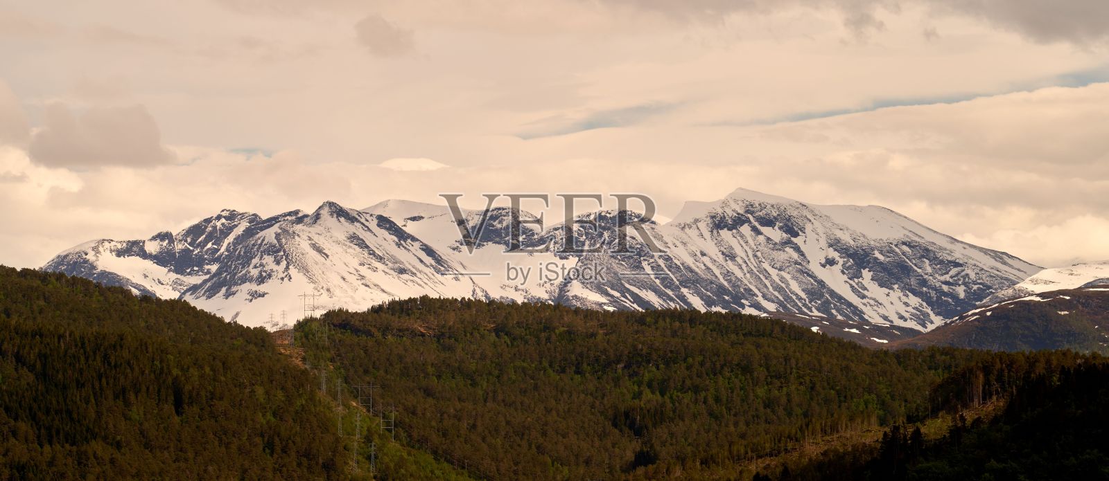在多云的日子里，挪威Sjoholt附近的雪山全景映衬着绿色的山丘照片摄影图片