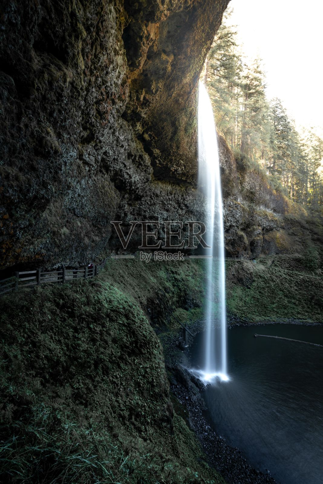 垂直拍摄的美丽瀑布被黑色苔藓岩石包围。照片摄影图片