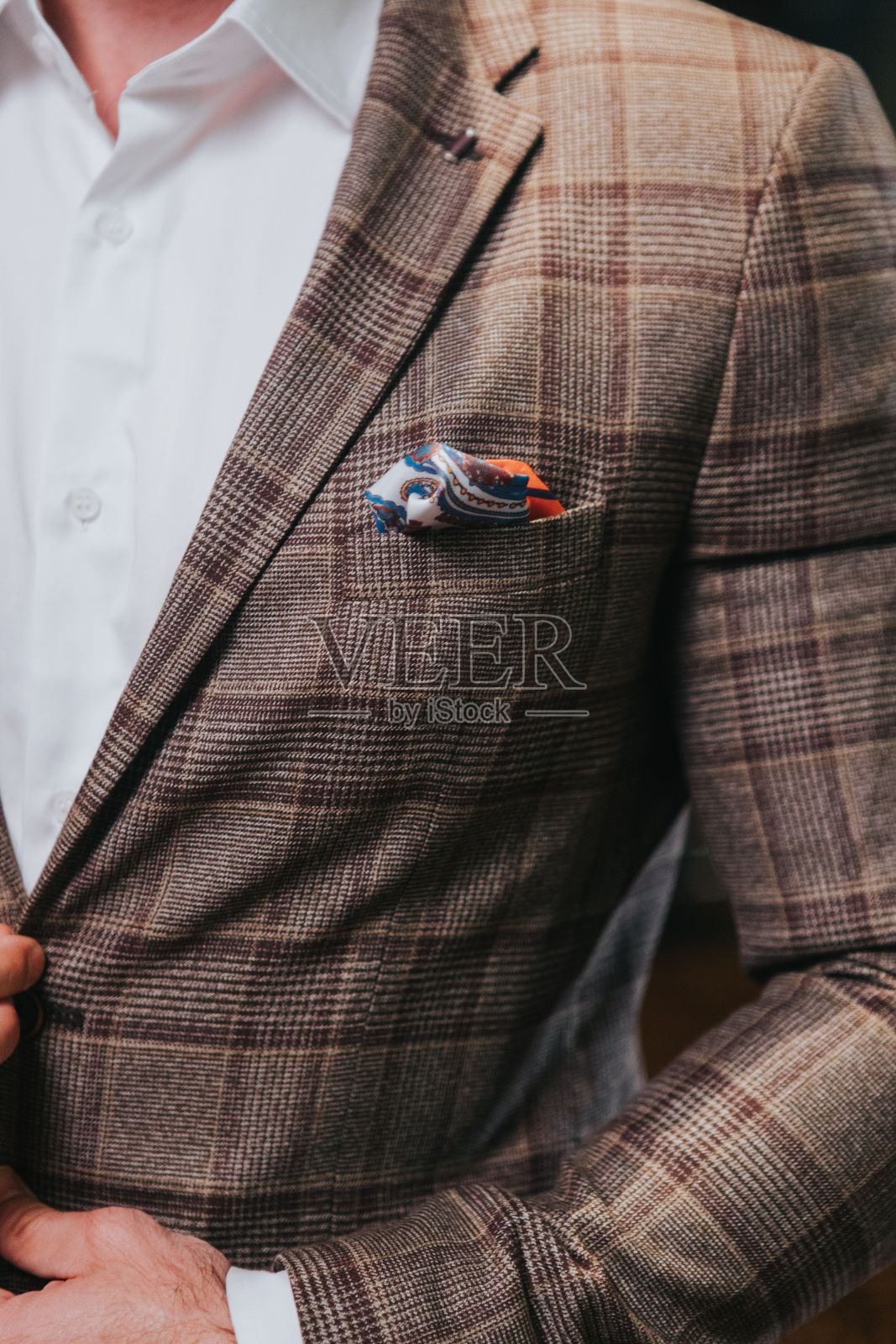 垂直拍摄的一个男人的棕色格子西装外套与佩斯利口袋方巾照片摄影图片