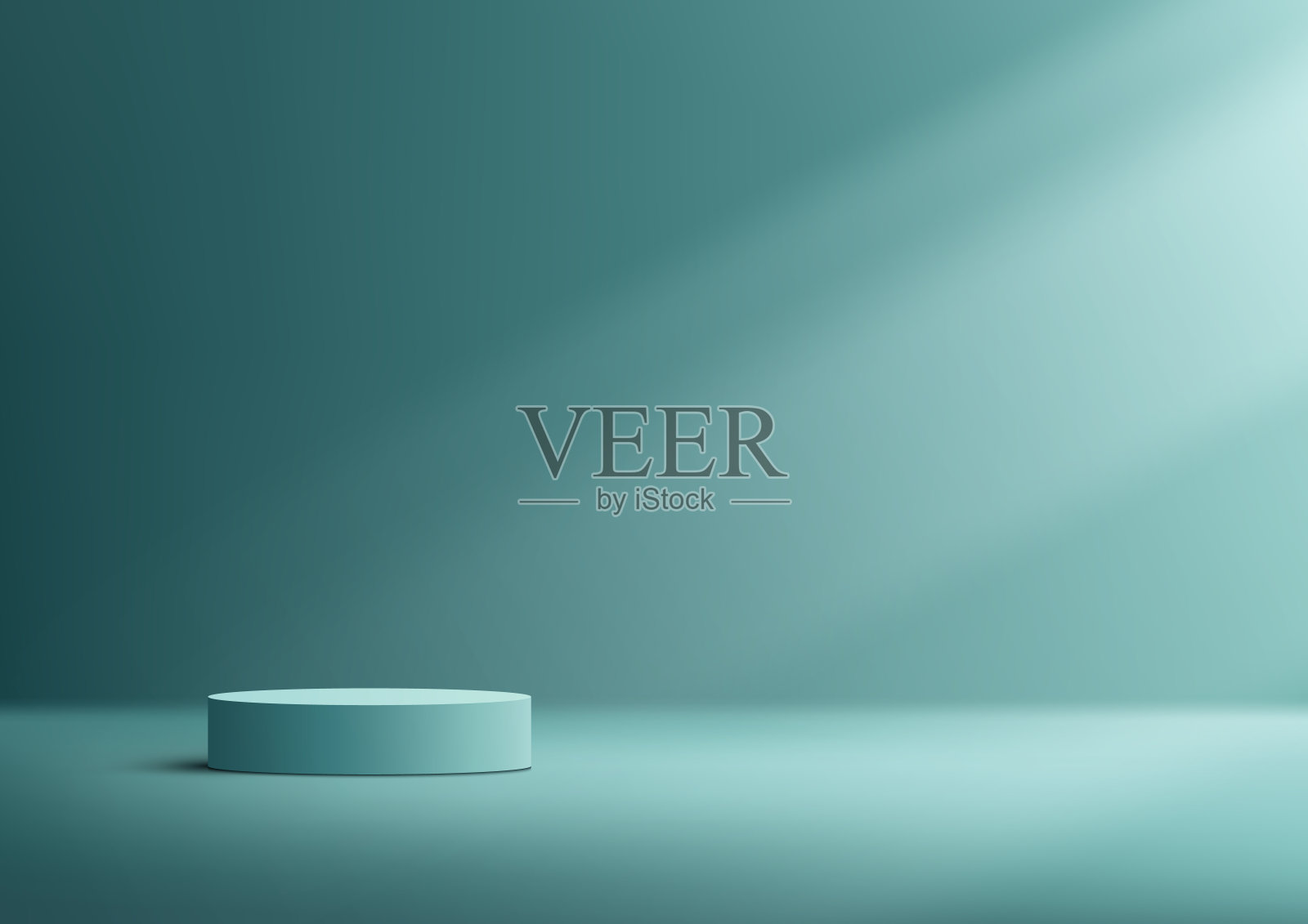 3D现实的豪华空蓝色蓝绿色讲台圆柱形产品展示与照明在最小的墙壁场景蓝色背景插画图片素材
