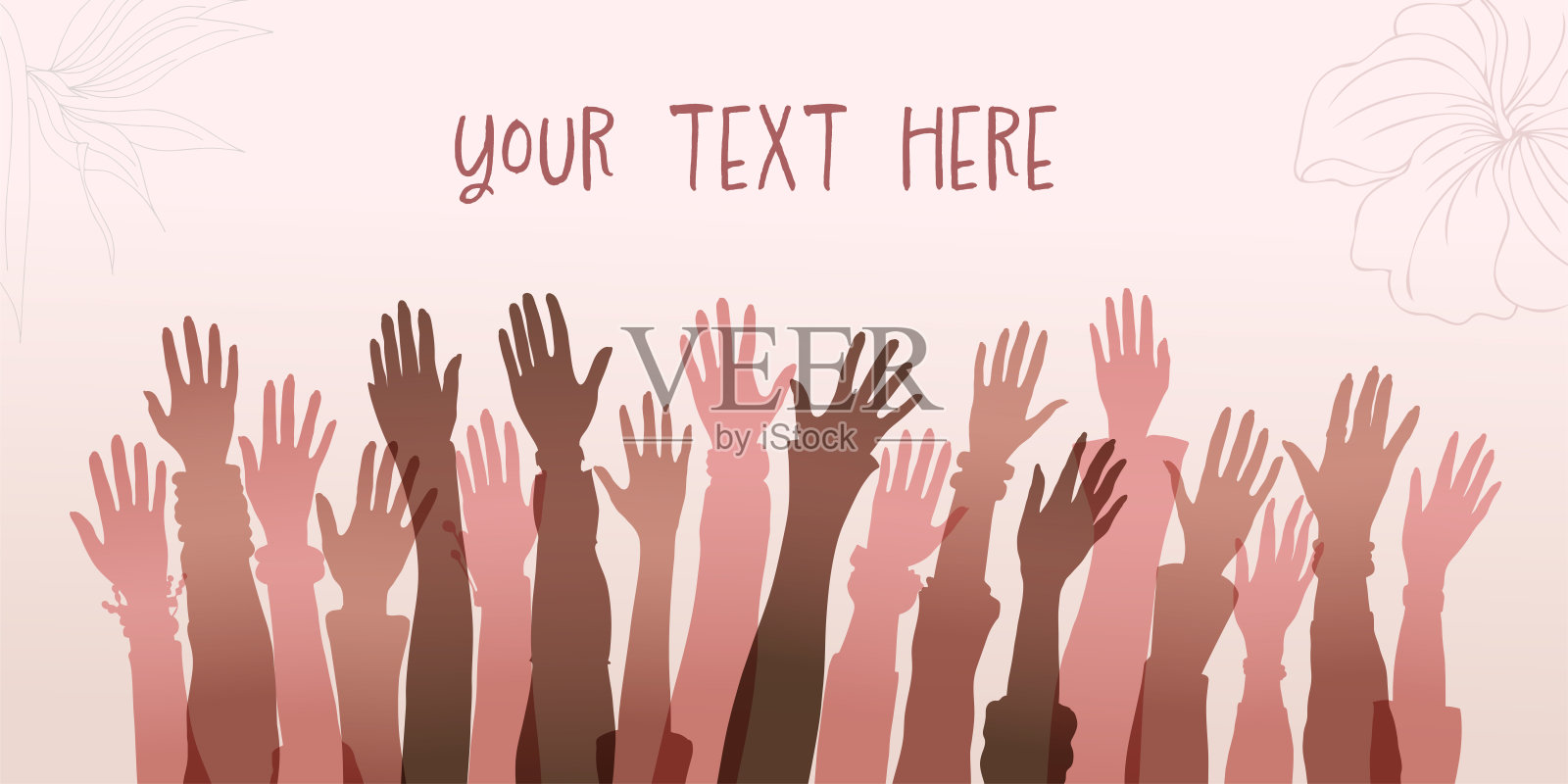 一群多文化女性举起了手和手臂。国际妇女节。Allyship平等。女性社会群体文化多元。赋权或包容。横幅复制空间插画图片素材