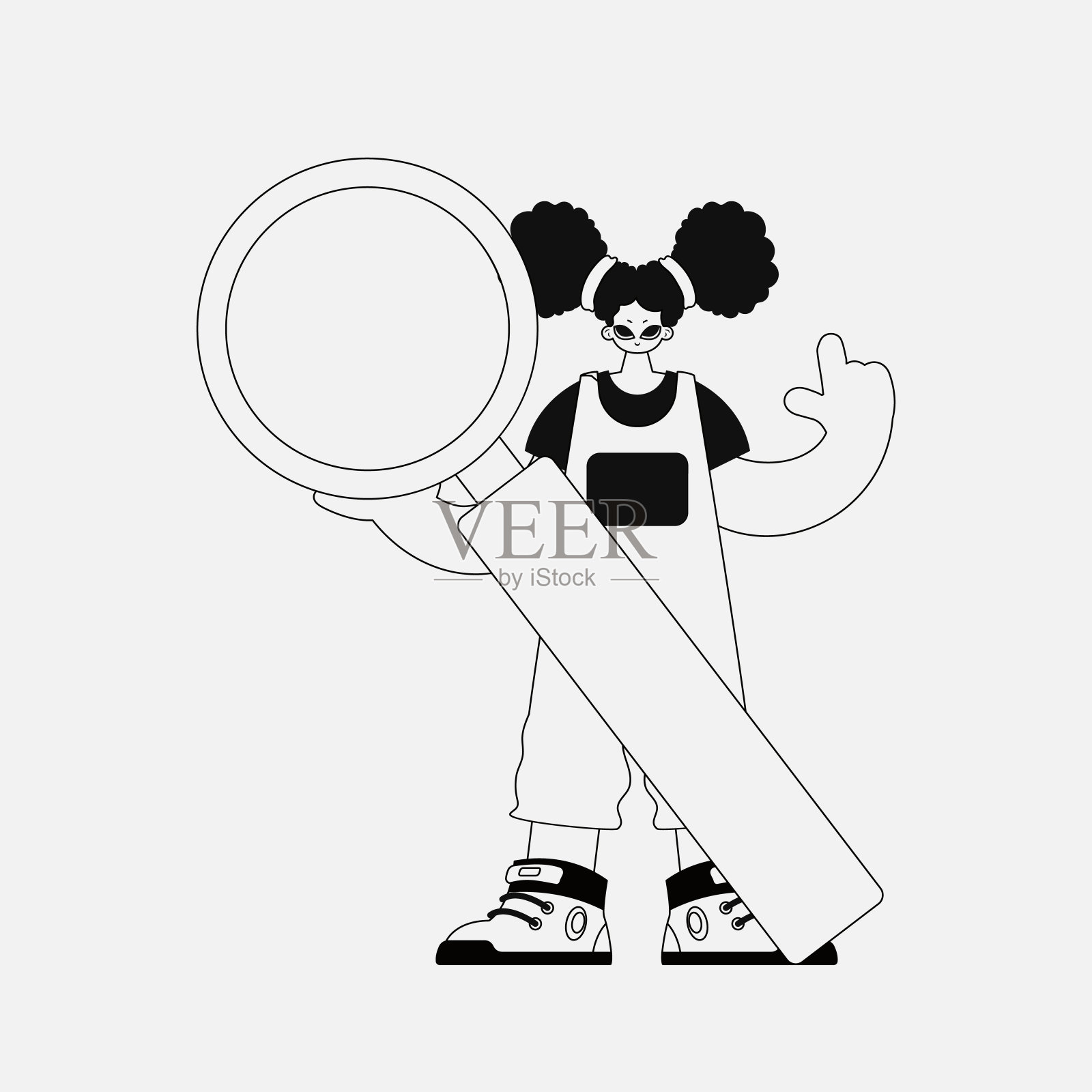 一个独特的女人手里拿着放大镜，放大镜。线性黑白风格。插画图片素材