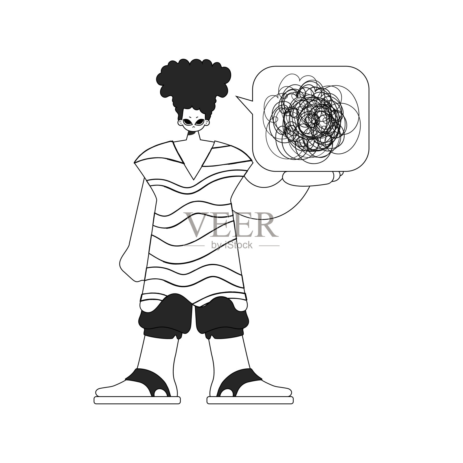 不高兴的人表现出混乱的思想。心理学的主题。线性黑白风格。插画图片素材