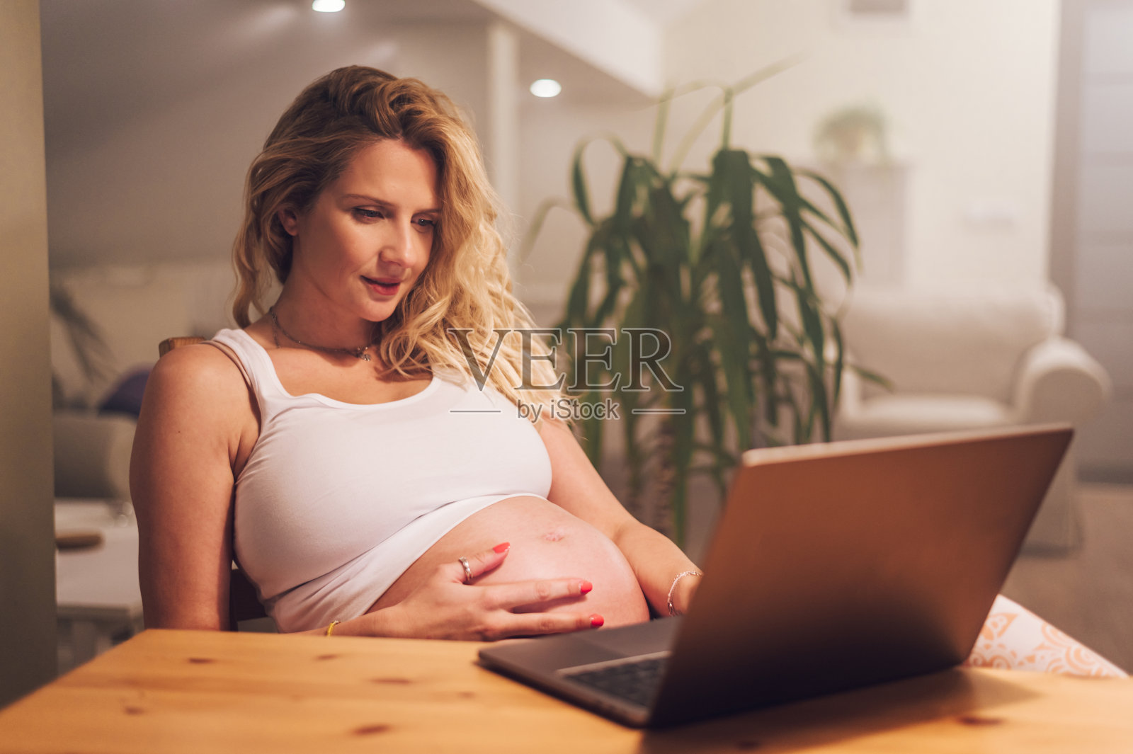 年轻的孕妇在家里用笔记本电脑工作照片摄影图片