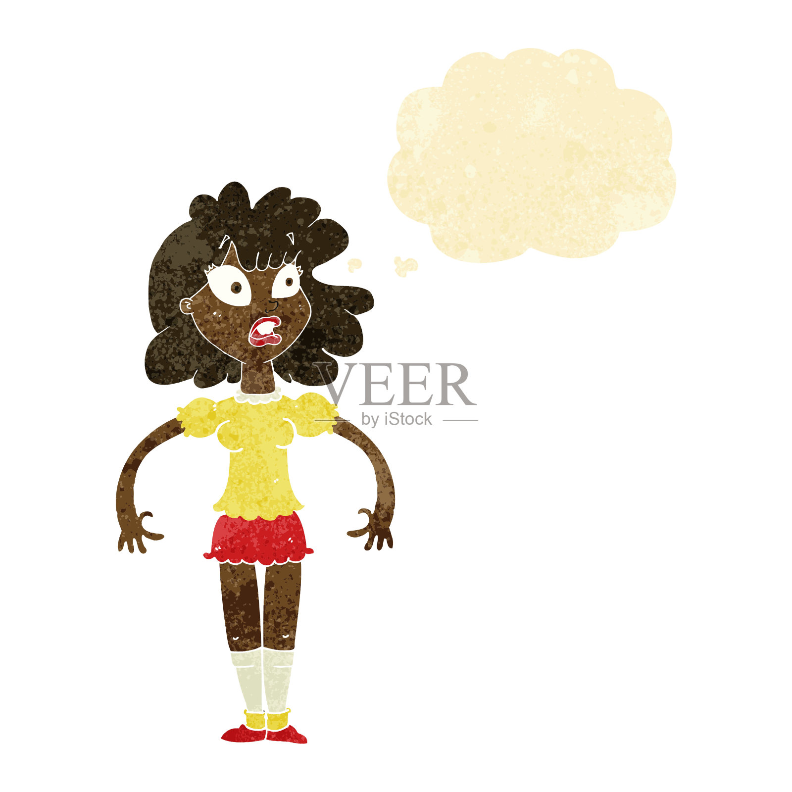 卡通漂亮的女孩与震惊的表情与思想泡沫插画图片素材