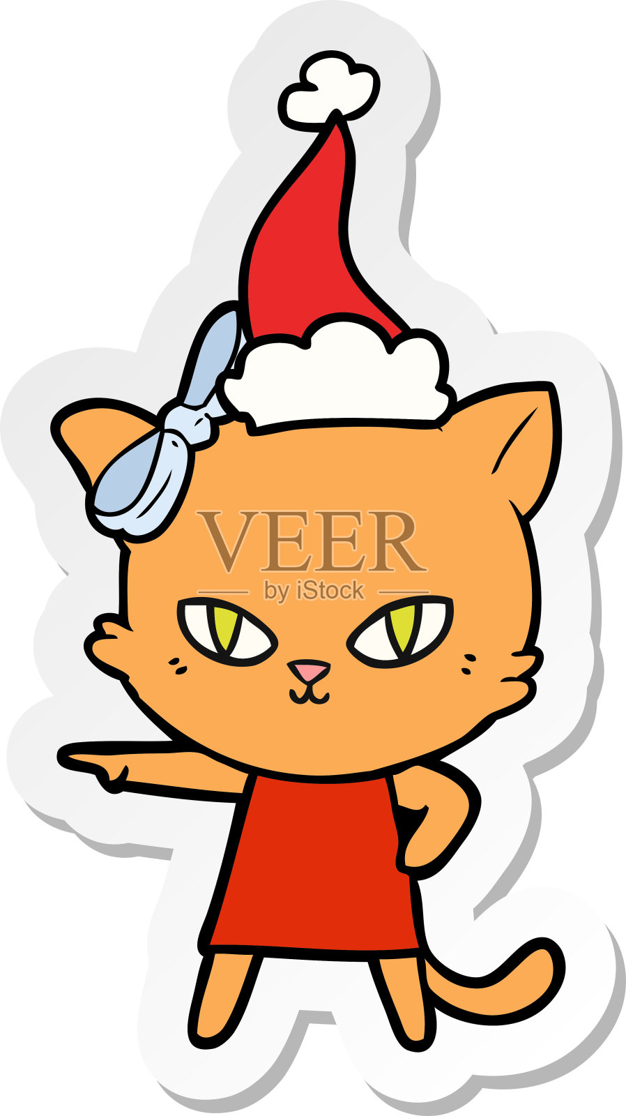 可爱的手绘贴纸卡通猫穿着衣服，戴着圣诞老人的帽子插画图片素材