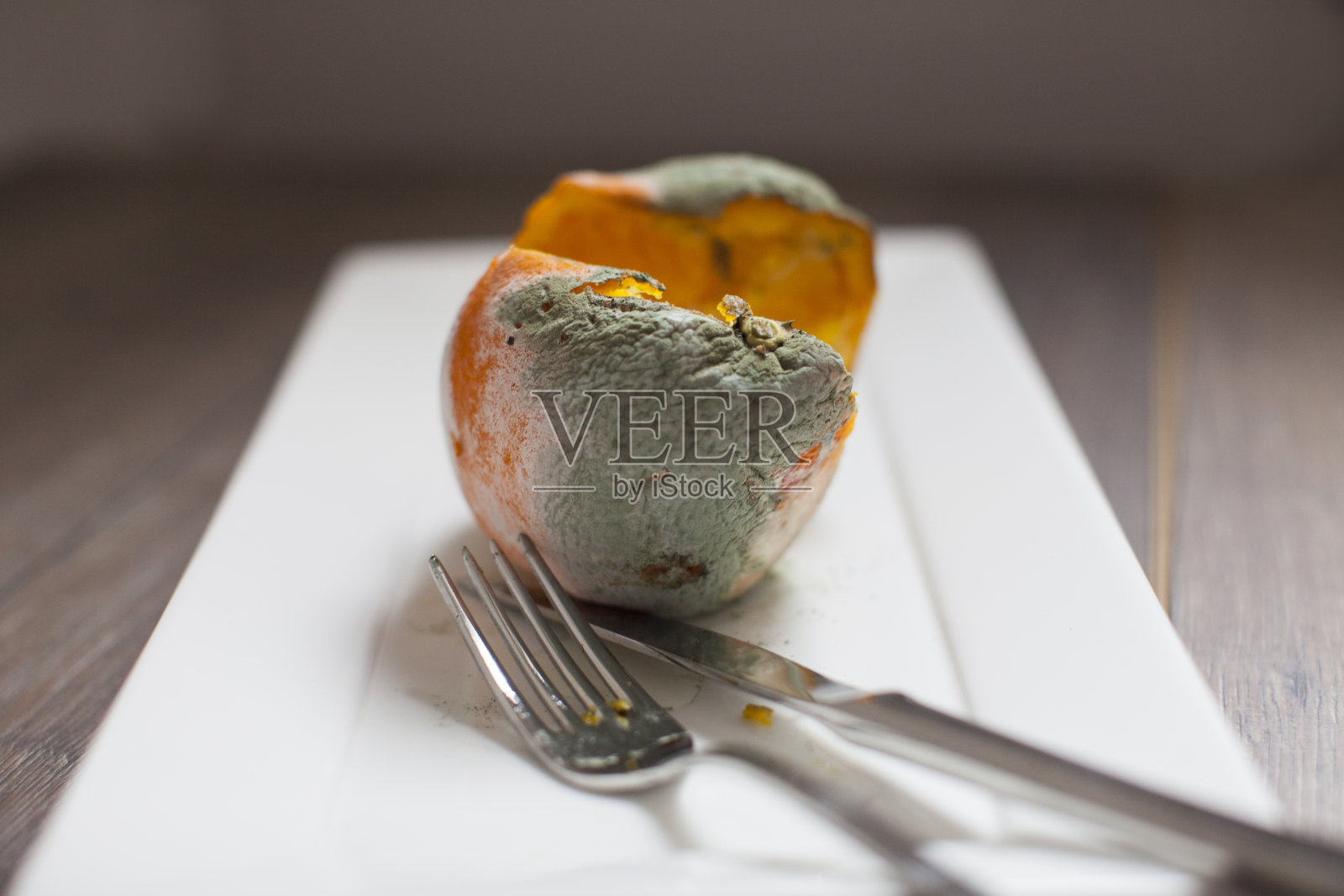 木质地板上的白色盘子上有一个发霉的橙子。照片摄影图片
