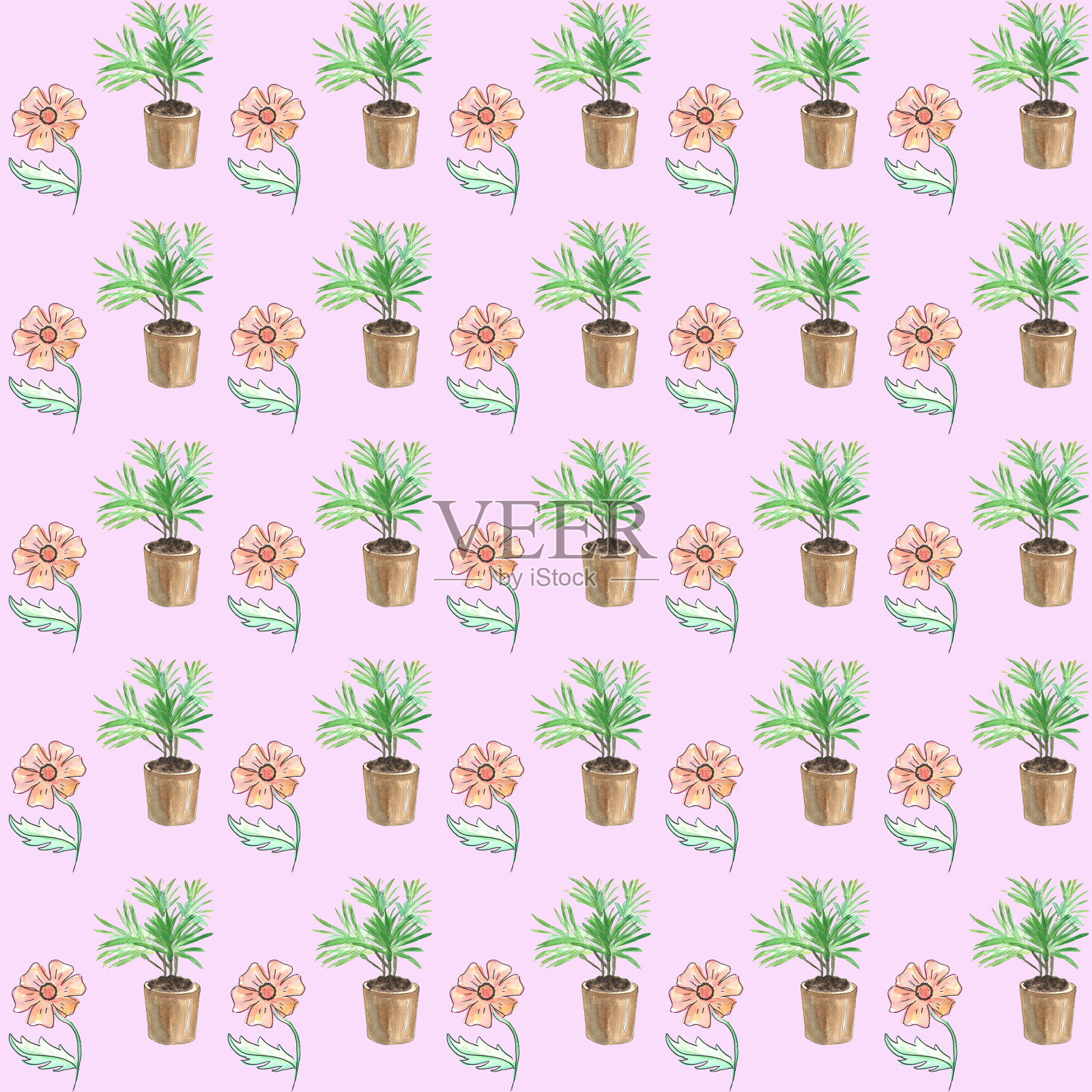 水彩花卉图案与棕榈树，红色的花与一片绿叶和盆栽棕榈树在粉红色的背景插画图片素材