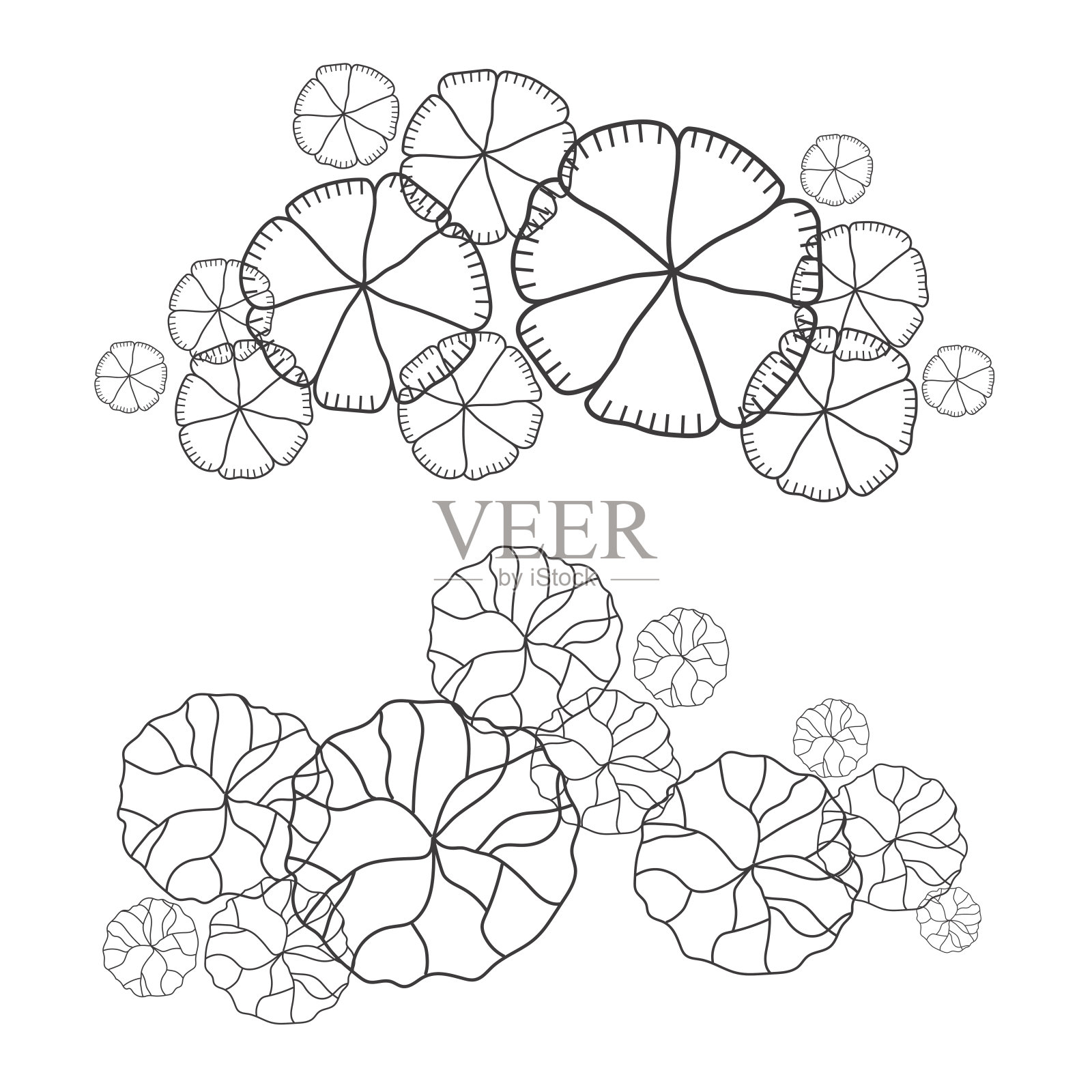 建筑平面图的一组树木。随行人员设计。各种树木，灌木，顶视图为景观设计方案。矢量插图。插画图片素材