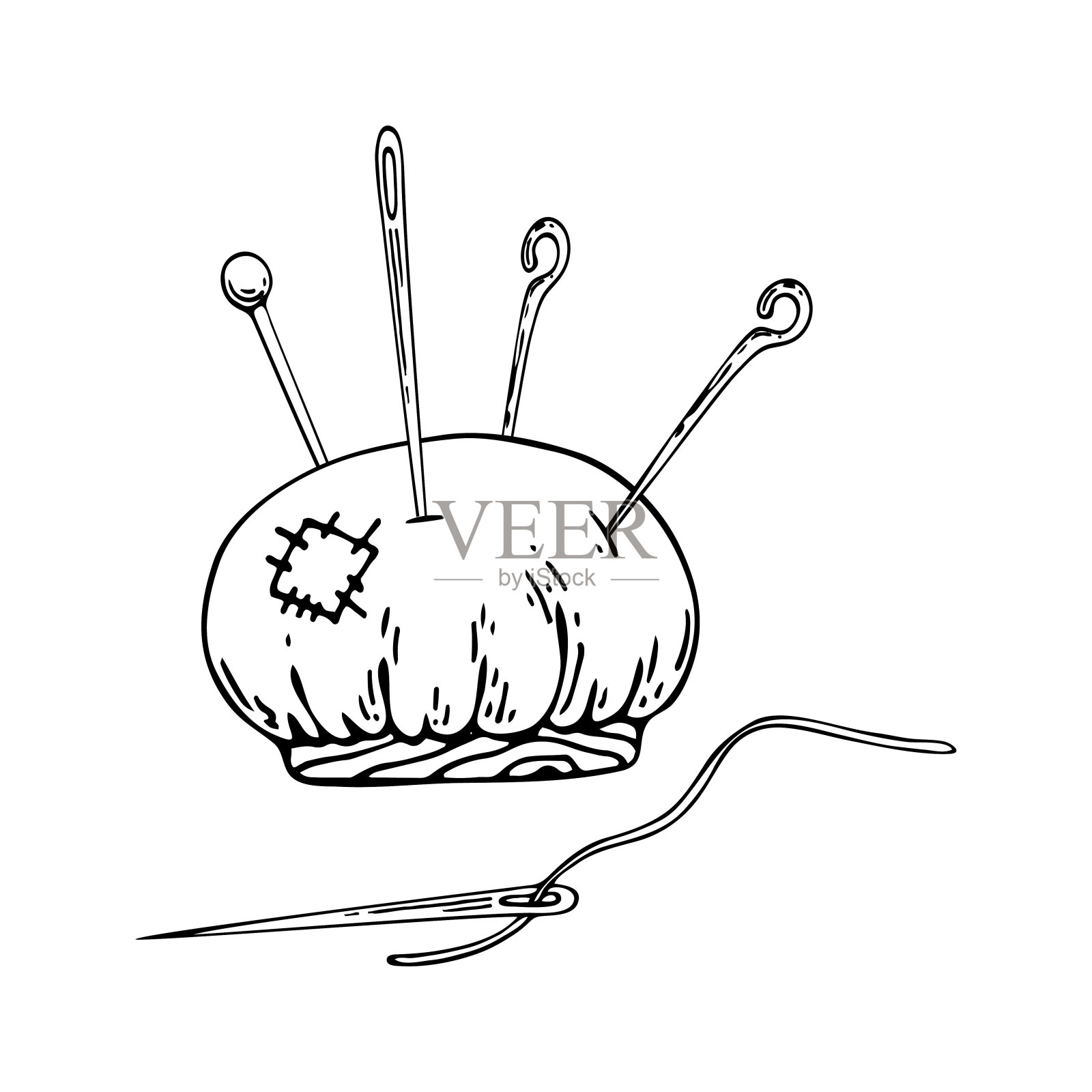 针条女裁缝线艺术。销针裁缝工具。专业裁缝。手绘矢量涂鸦插图。插画图片素材