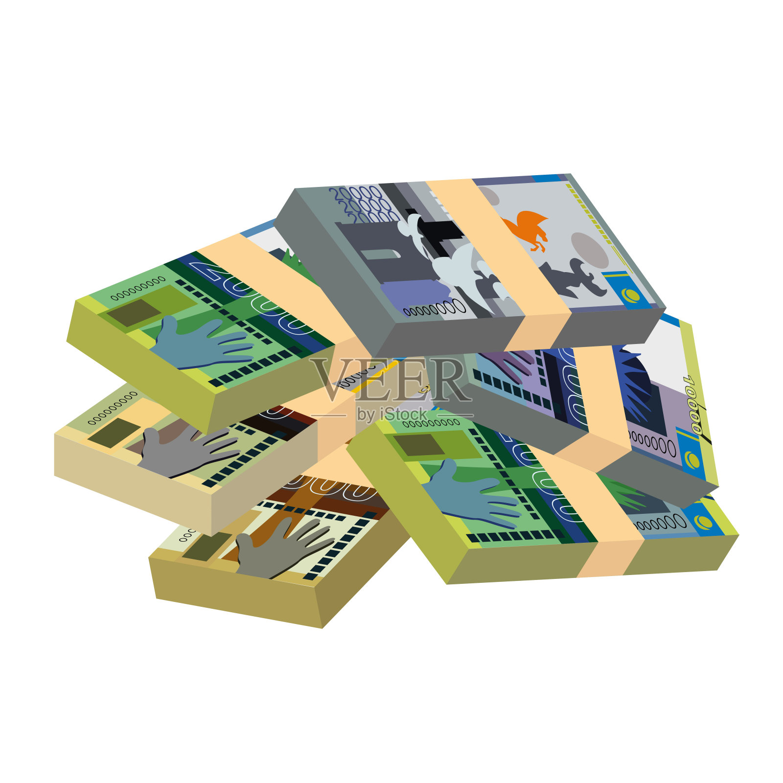 哈萨克坚戈矢量插图。哈萨克斯坦货币套装捆绑钞票。纸币KZT。平的风格。孤立在白色背景上。简单的最小设计。插画图片素材