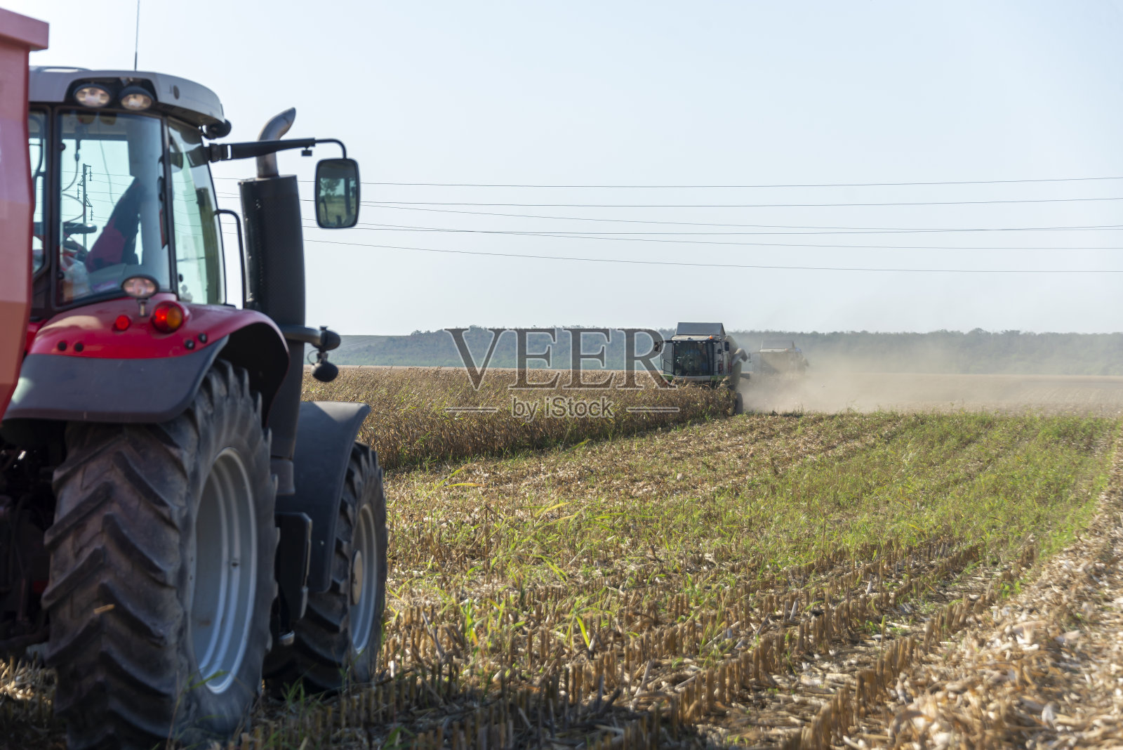 用联合收割机和拖拉机收割玉米。照片摄影图片
