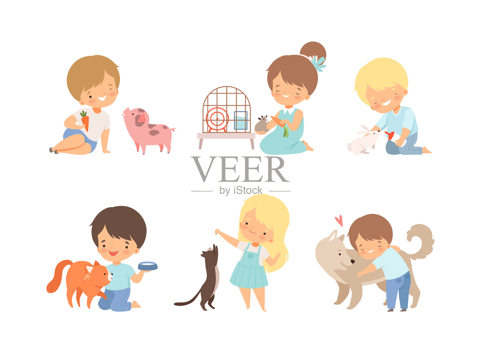 可爱的小男孩和女孩爱护动物集插画图片素材