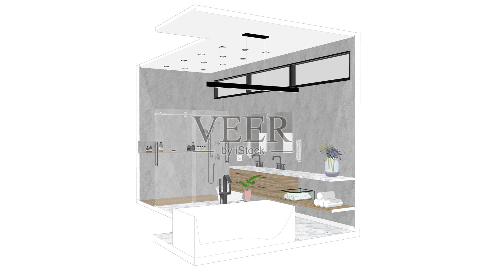 3D概念主浴室，渲染立面/透视/平面视图，矢量，彩色插图照片摄影图片