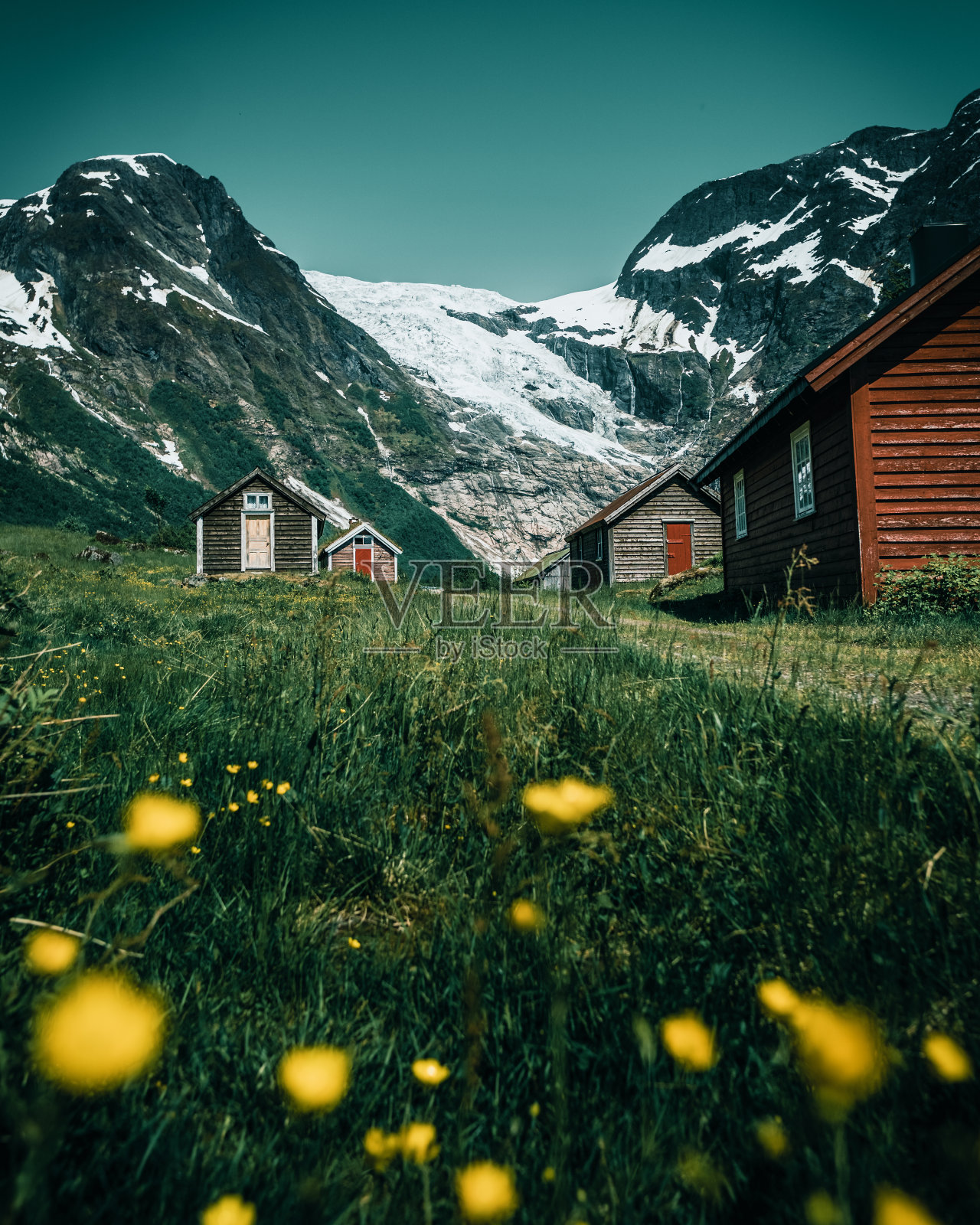 垂直拍摄绿色田野中的小木屋，背景是雪山照片摄影图片