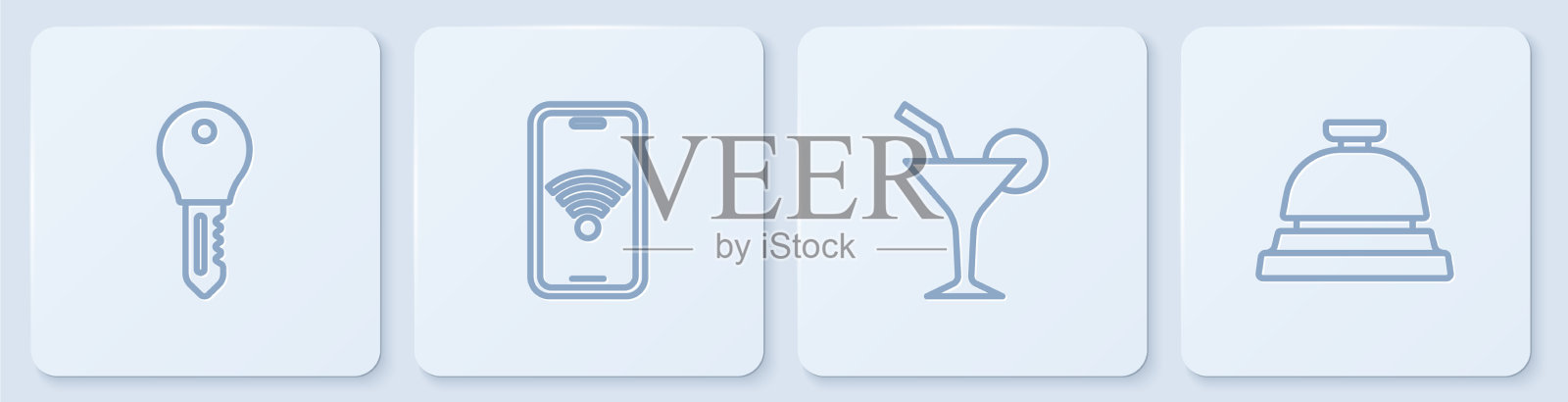 集行酒店门锁钥匙鸡尾酒移动图标素材