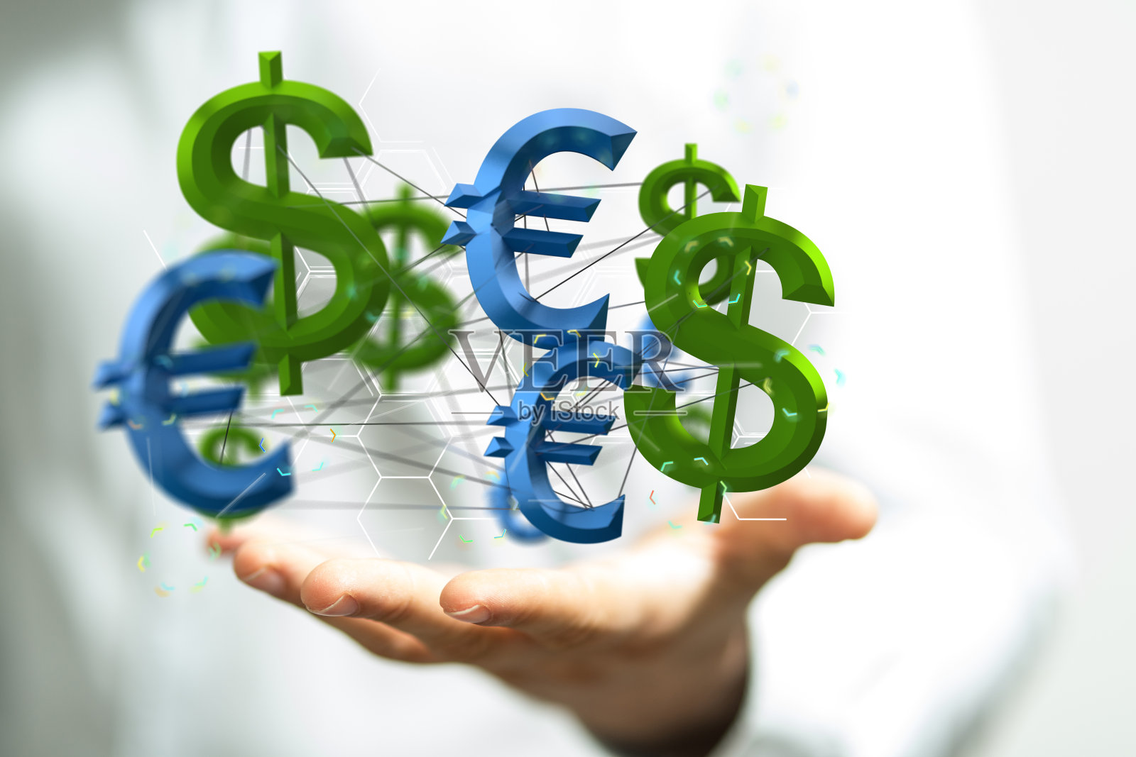 手持3D渲染的欧元和美元标志照片摄影图片