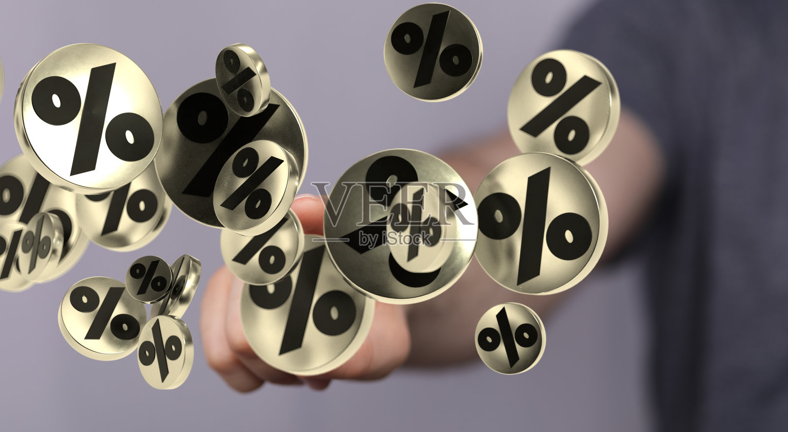人的手伸向3D渲染的百分比符号照片摄影图片