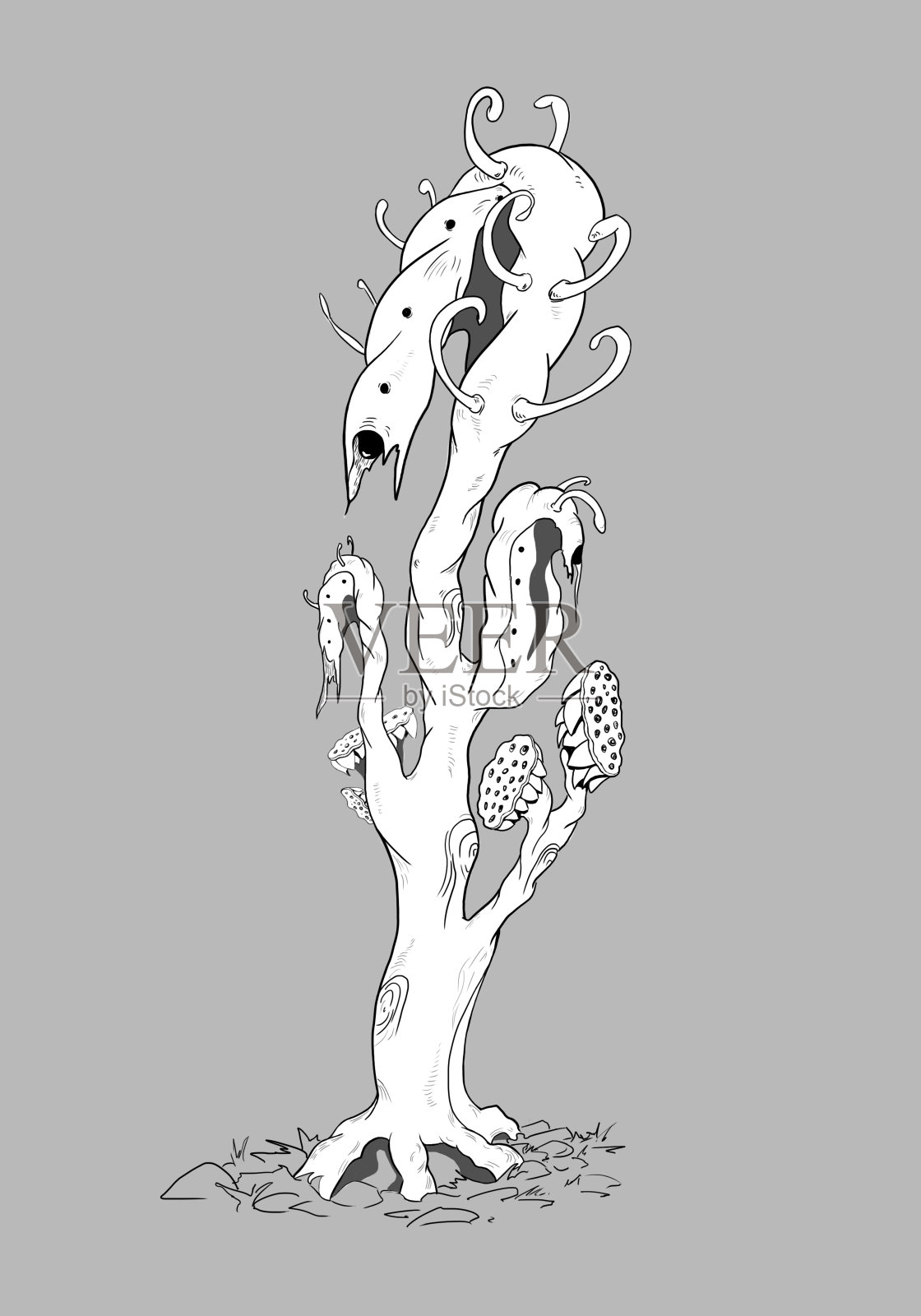 草图概念插图的幻想树，令人毛骨悚然的树插画图片素材
