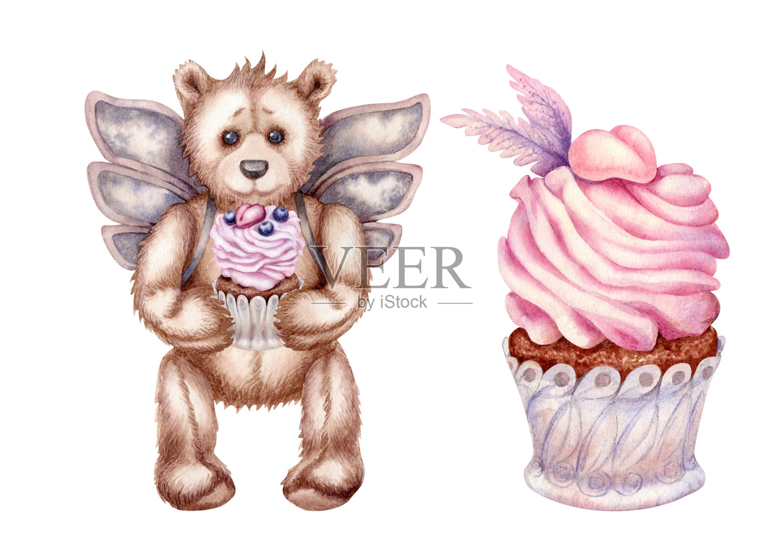 Watercolor hand drawn teddy bears - an angel with pink сupcakes for Valentine's Day, birthday, wedding.插画图片素材
