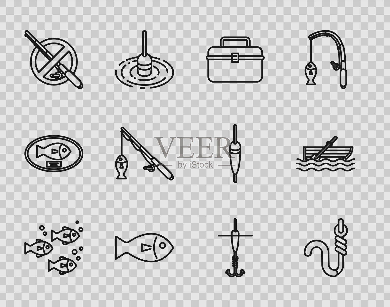 设置线鱼、鱼钩和虫箱图标素材