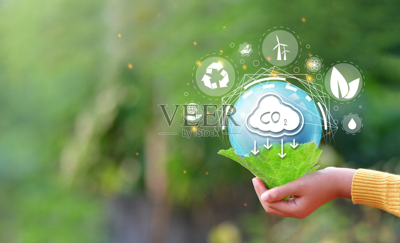 减少二氧化碳排放的理念在环保，全球变暖，可持续发展和绿色业务的基础上可再生能源。照片摄影图片