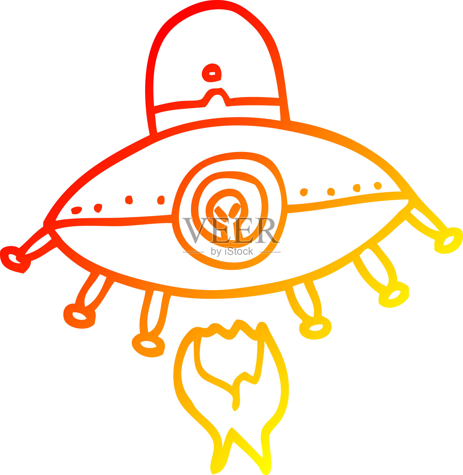 温暖的梯度线绘制的卡通外星人飞船插画图片素材