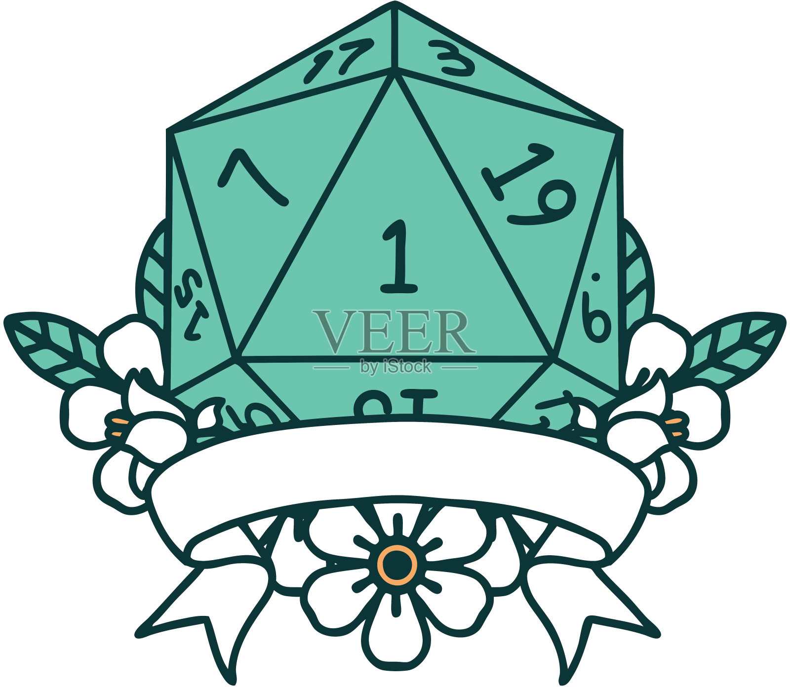 复古纹身风格自然一个d20骰子滚动插画图片素材