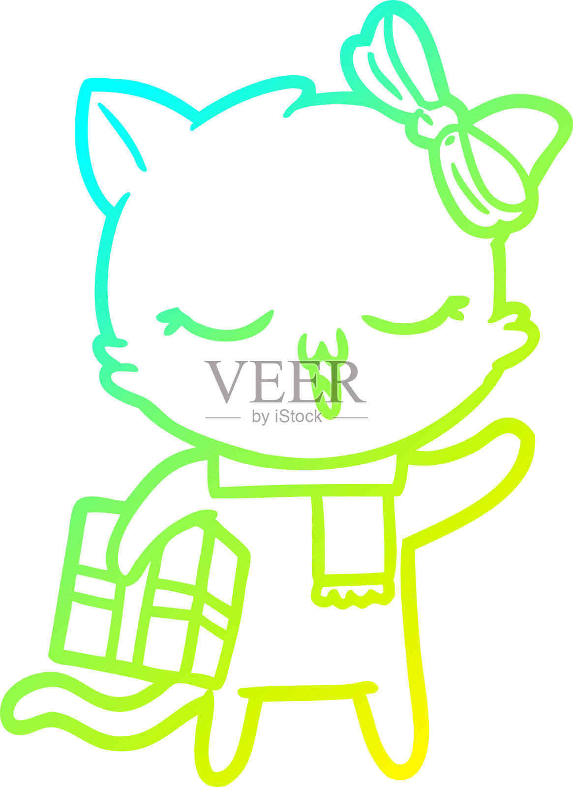 冷梯度线绘制的卡通女孩猫与圣诞礼物设计元素图片