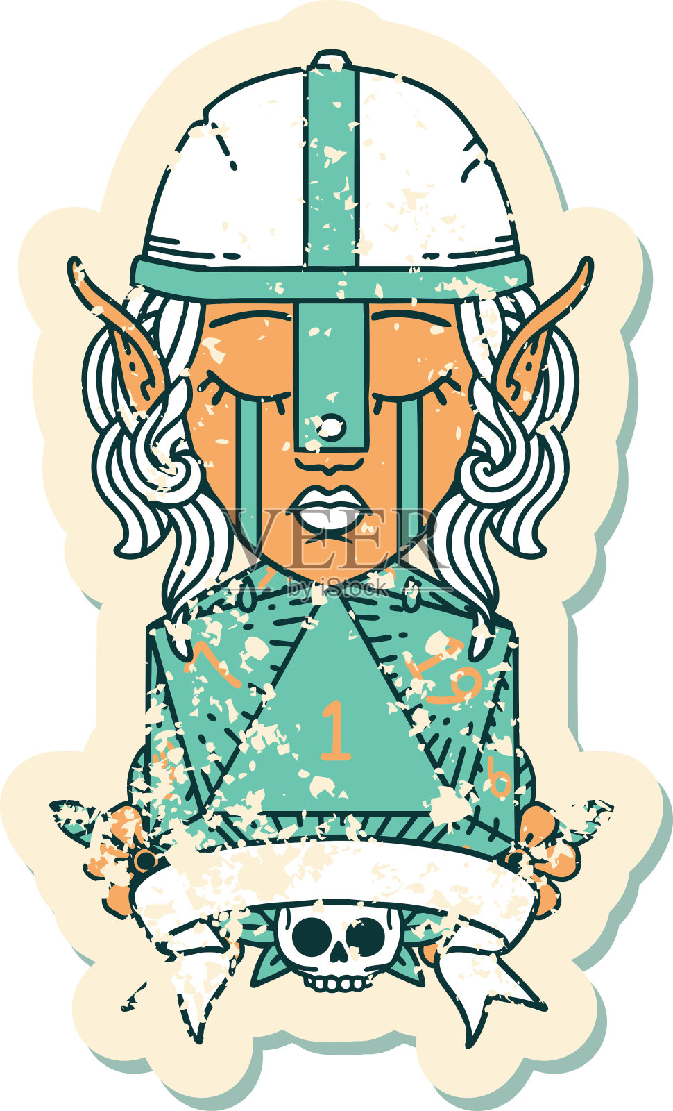 复古纹身风格哭泣的精灵战士人物脸与自然一个D20卷设计元素图片