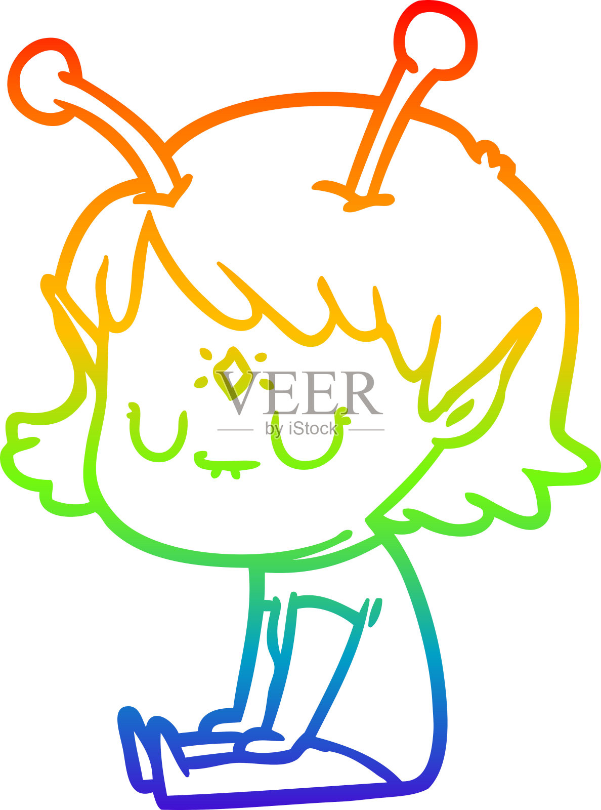 彩虹渐变线画一个卡通外星人女孩坐着设计元素图片