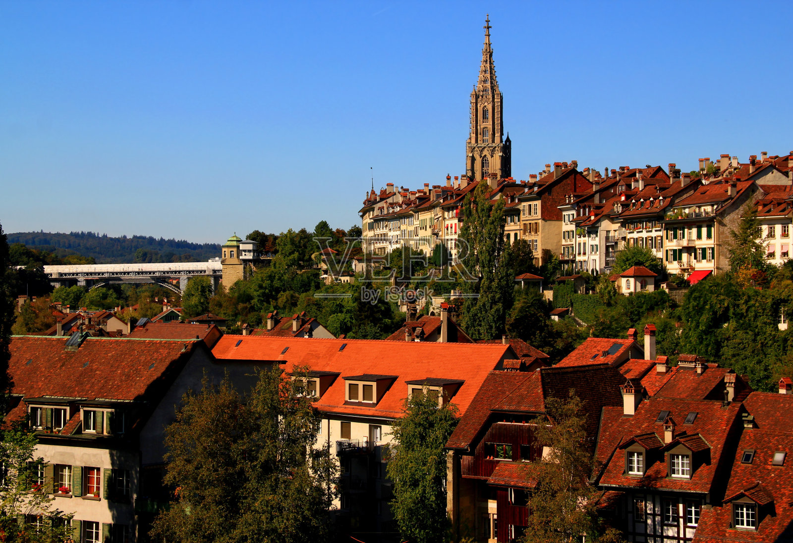 伯尔尼的历史部分，红色屋顶的房屋，伯尔尼大教堂的塔尖和桥照片摄影图片