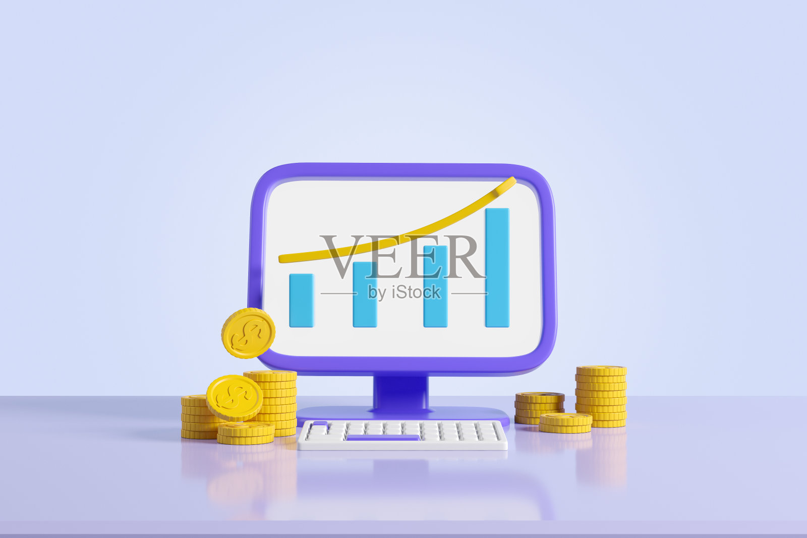 Pc电脑与条形图和增长线，堆叠硬币。模型的屏幕照片摄影图片