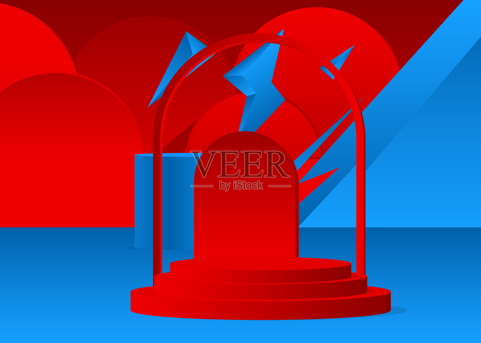 蓝色和红色的模型气缸基座基座。三维产品展示。现实矢量舞台展示展示。最小的几何形式，空的场景。插画图片素材