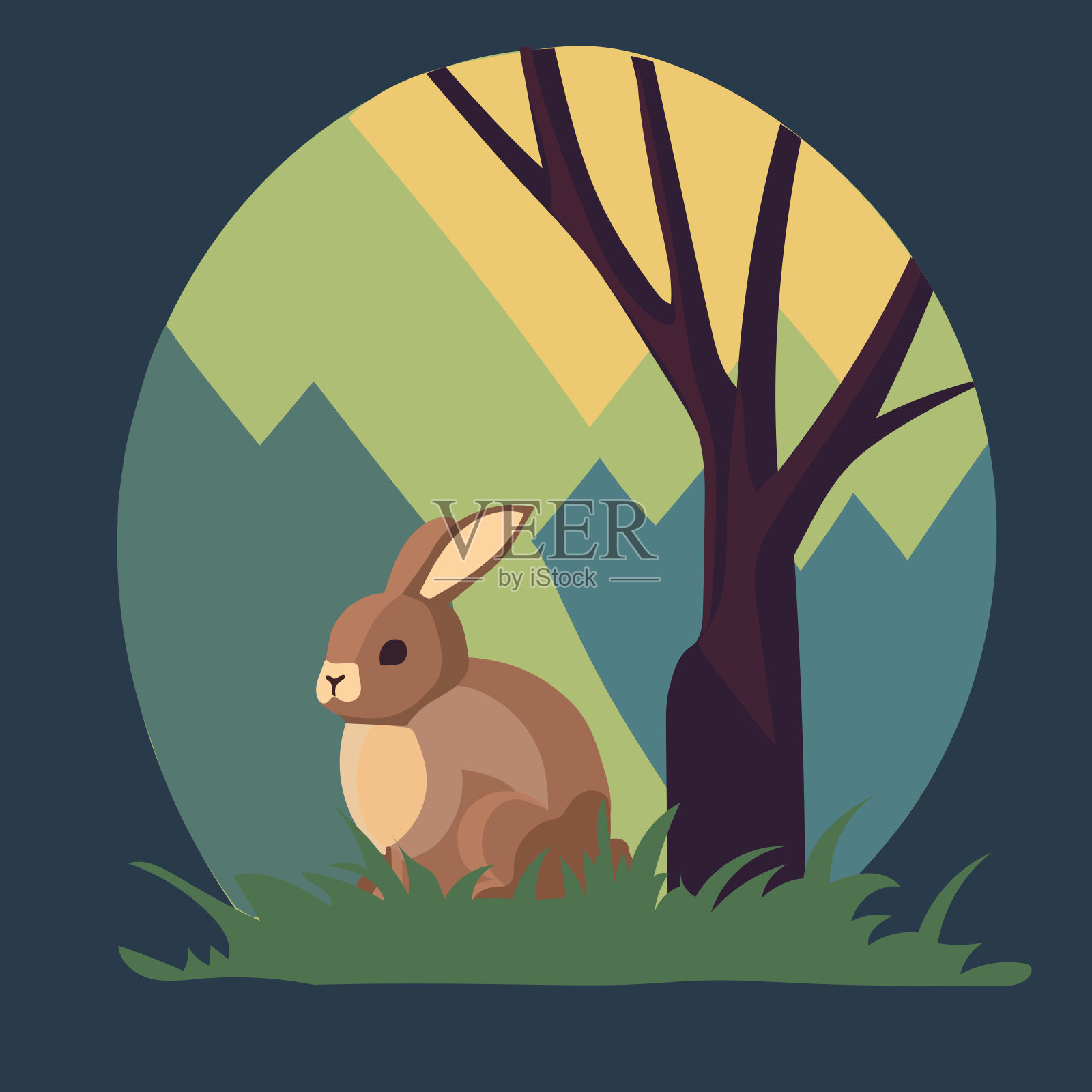 复活节兔子的概念。复活节兔子坐在草地上。插画图片素材