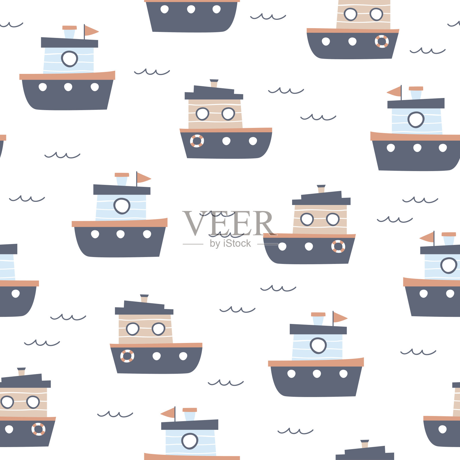 航海无缝模式与船。幼稚的卡通背景。插画图片素材