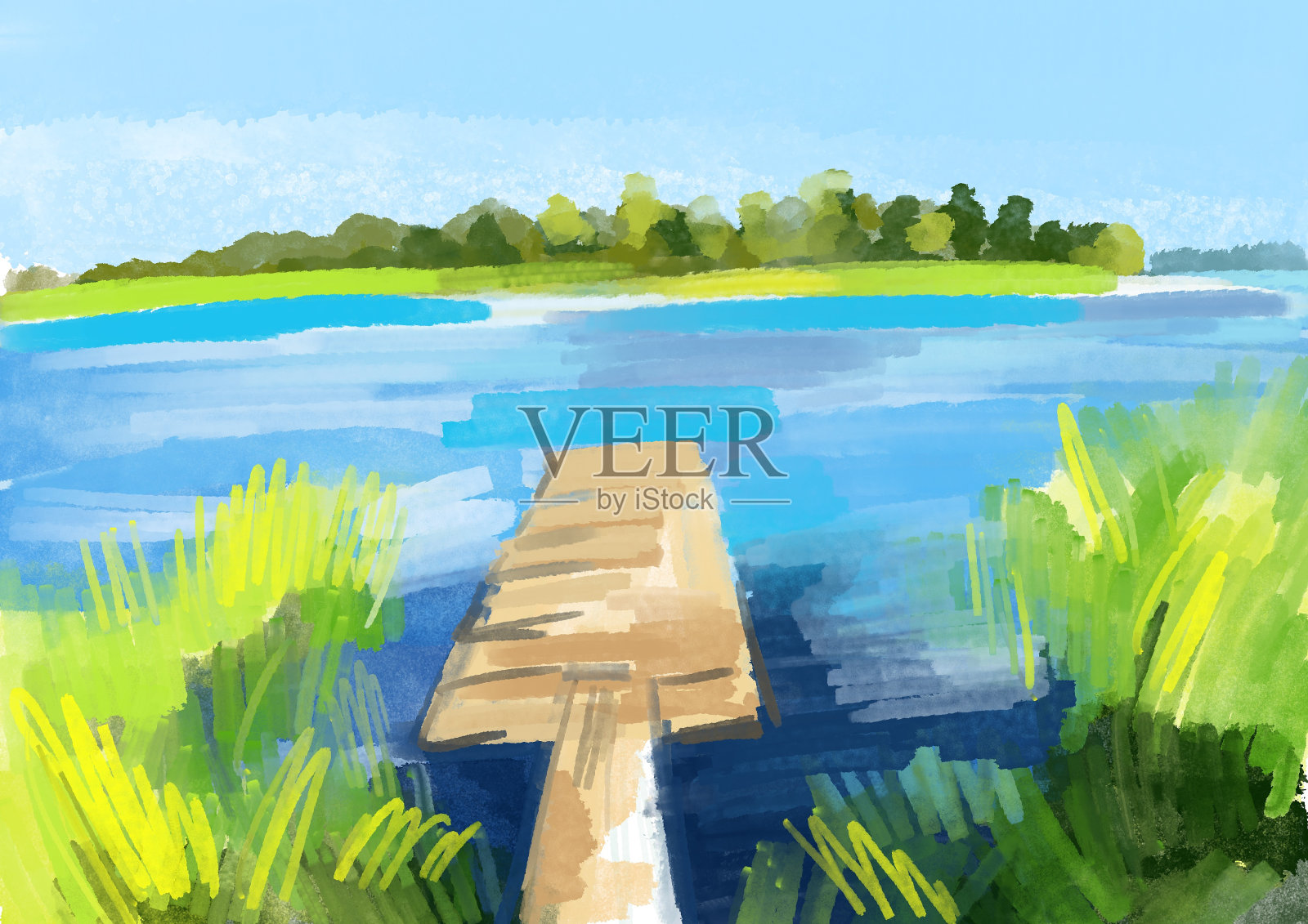 河流景观。夏天的插图插画图片素材