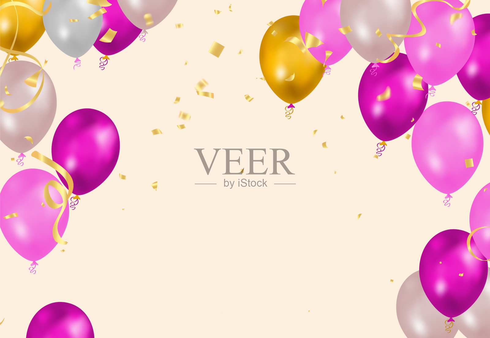 给你写生日快乐气球五彩缤纷的派对旗帜和飘带落在背景上。庆祝活动&生日快乐。多色。向量插画图片素材