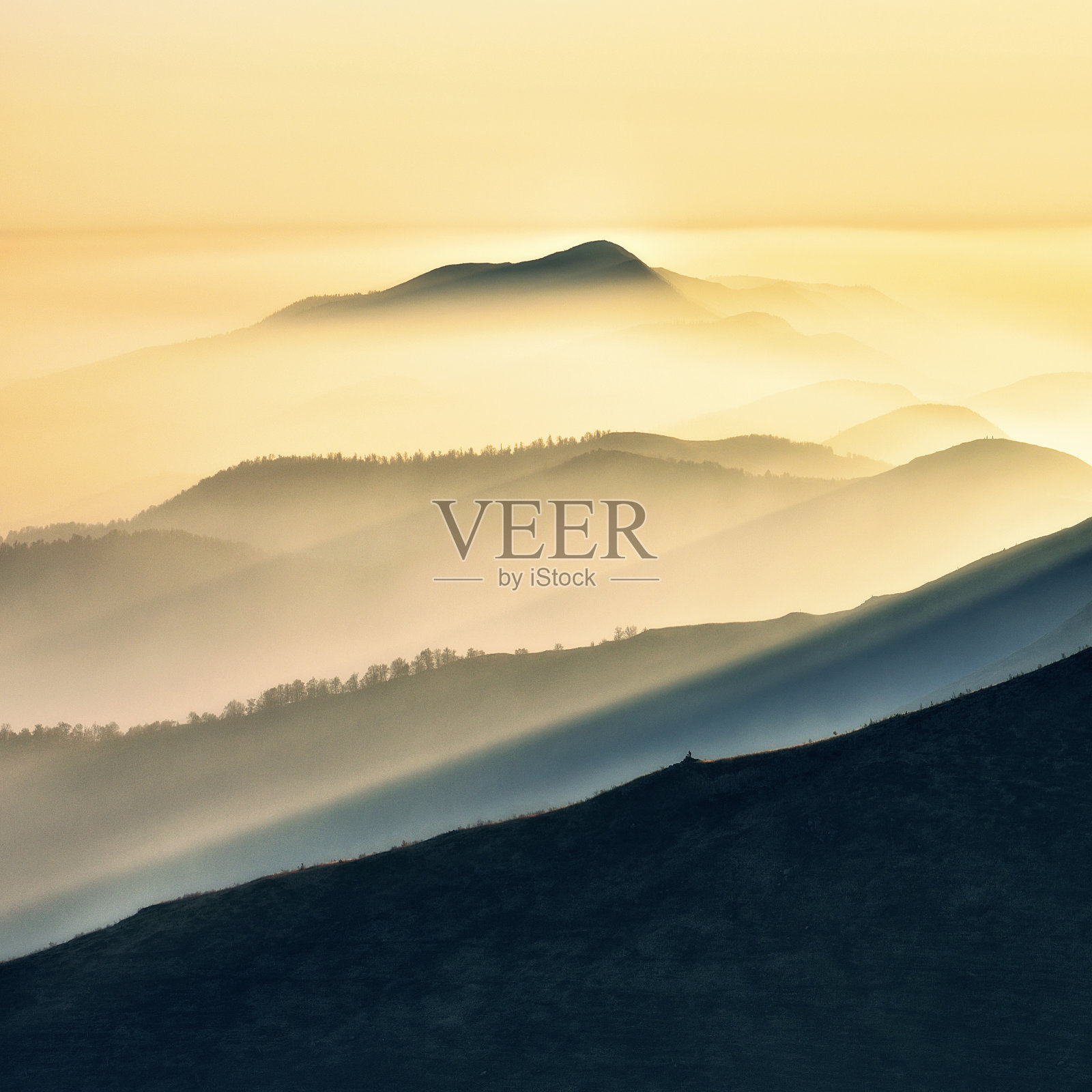 清晨群山的剪影。喀尔巴阡山脉大雾弥漫的早晨。山景观照片摄影图片